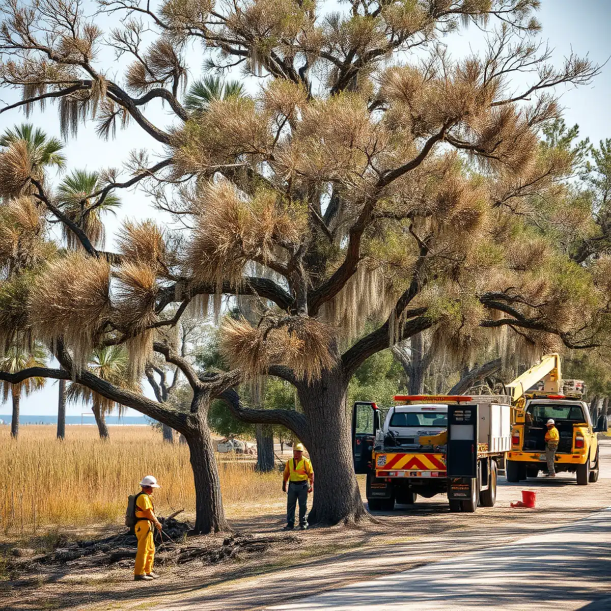 Coastal Georgia trees near the shoreline showing browned, salt-burned foliage from salt spray