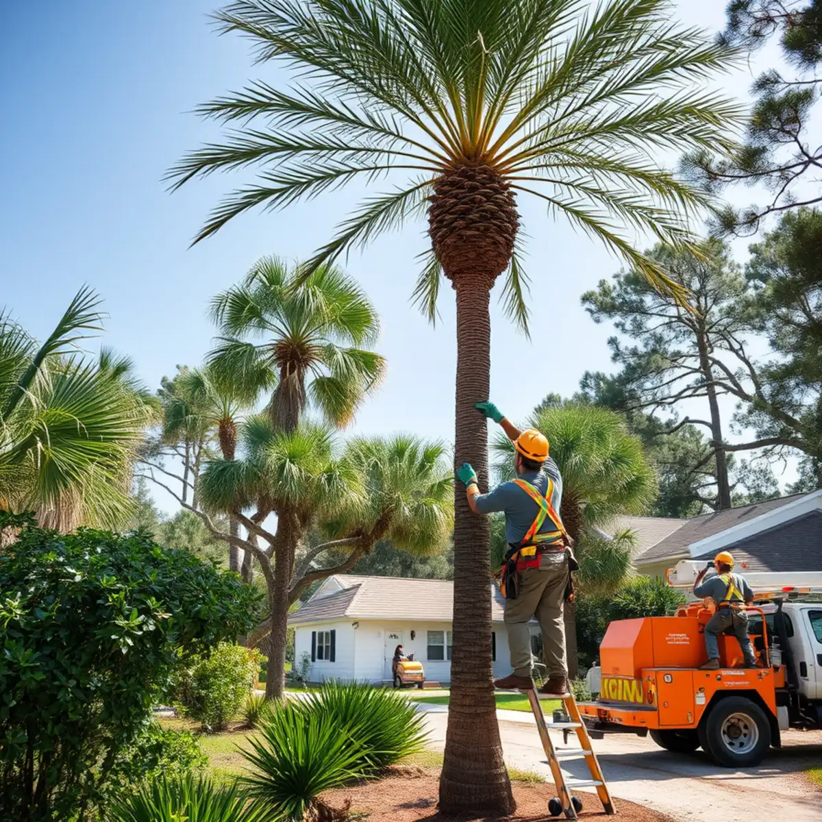 Cabbage palmetto palms along a coastal Georgia street near the water