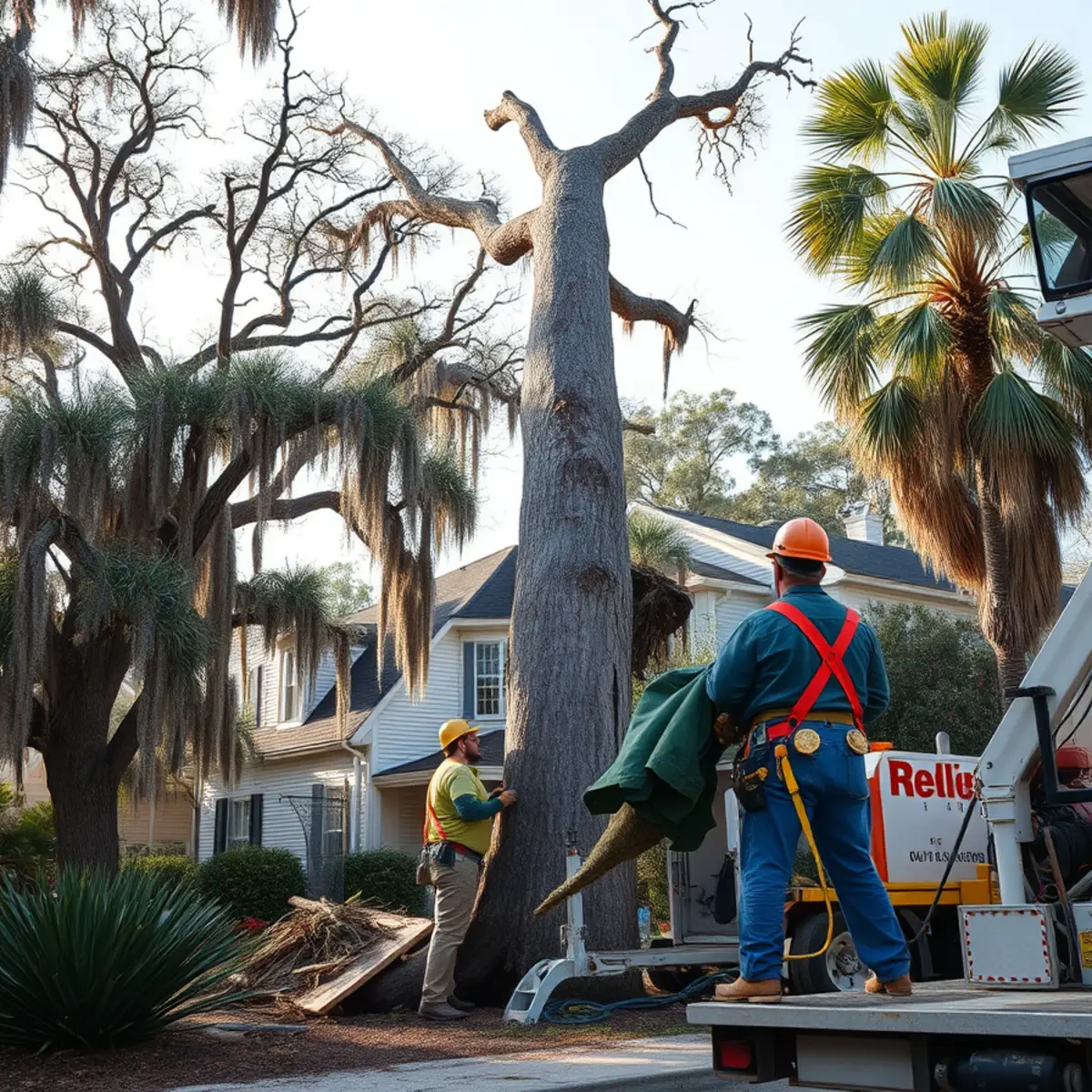 Large hardwood leaning over a Savannah, GA home with a cracked trunk base