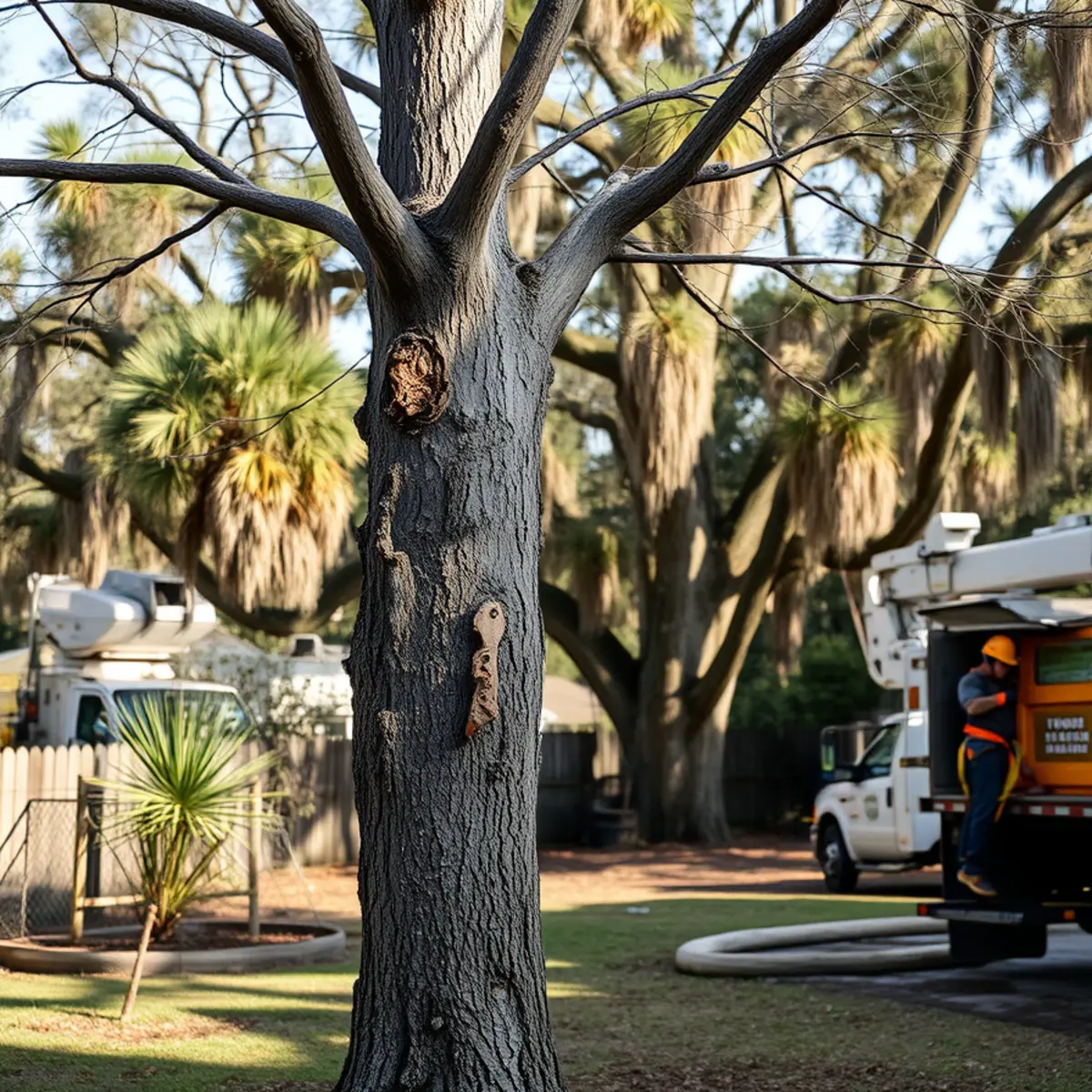Dead bare tree with peeling bark standing in a Wilmington Island, GA backyard
