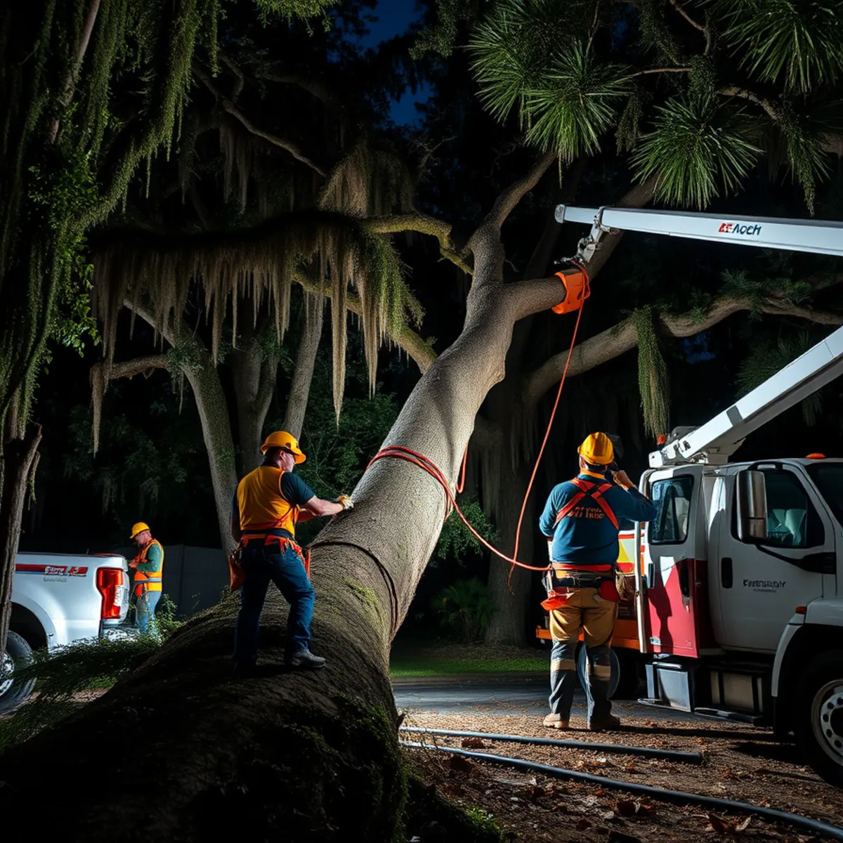 Fallen tree limb resting across an electrical power line after a coastal Georgia storm
