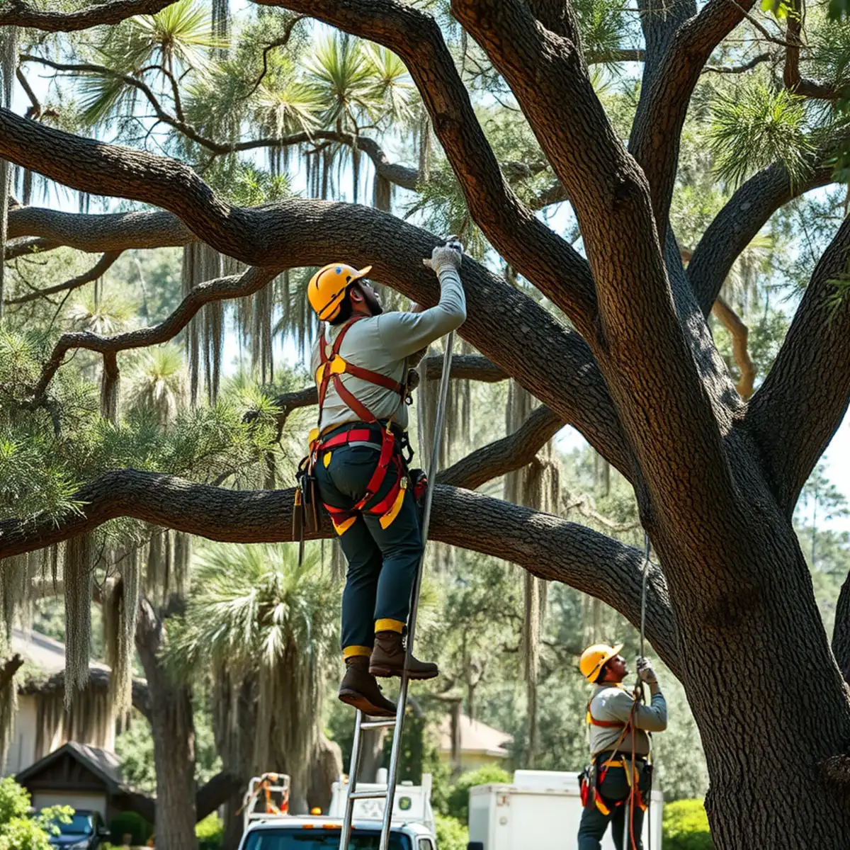 Arborist pruning a large hardwood over a Savannah, GA home with a pole saw