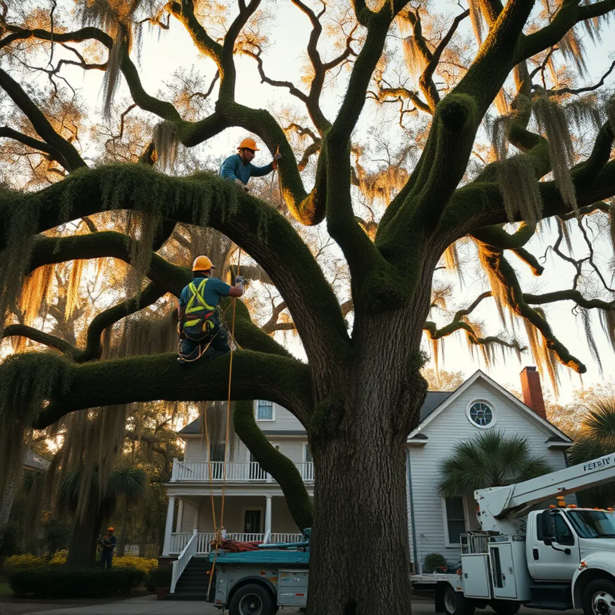 Tree crew removing a large live oak limb over a home in Savannah, GA