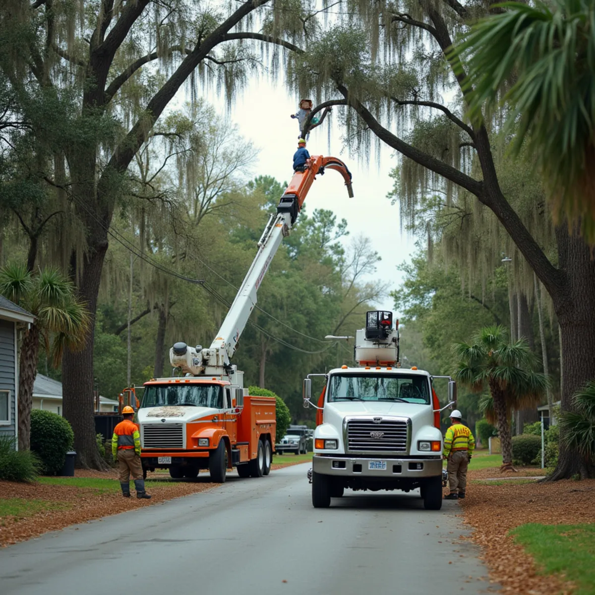 Tree service crew at work in Allenhurst, Liberty County, GA near US-84