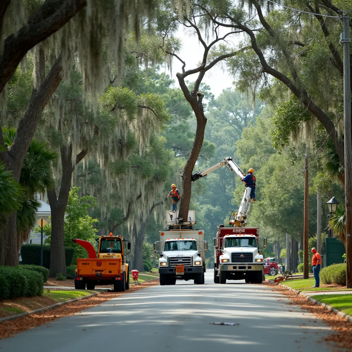 Tree service crew at work in Alma, Bacon County, GA near US-1
