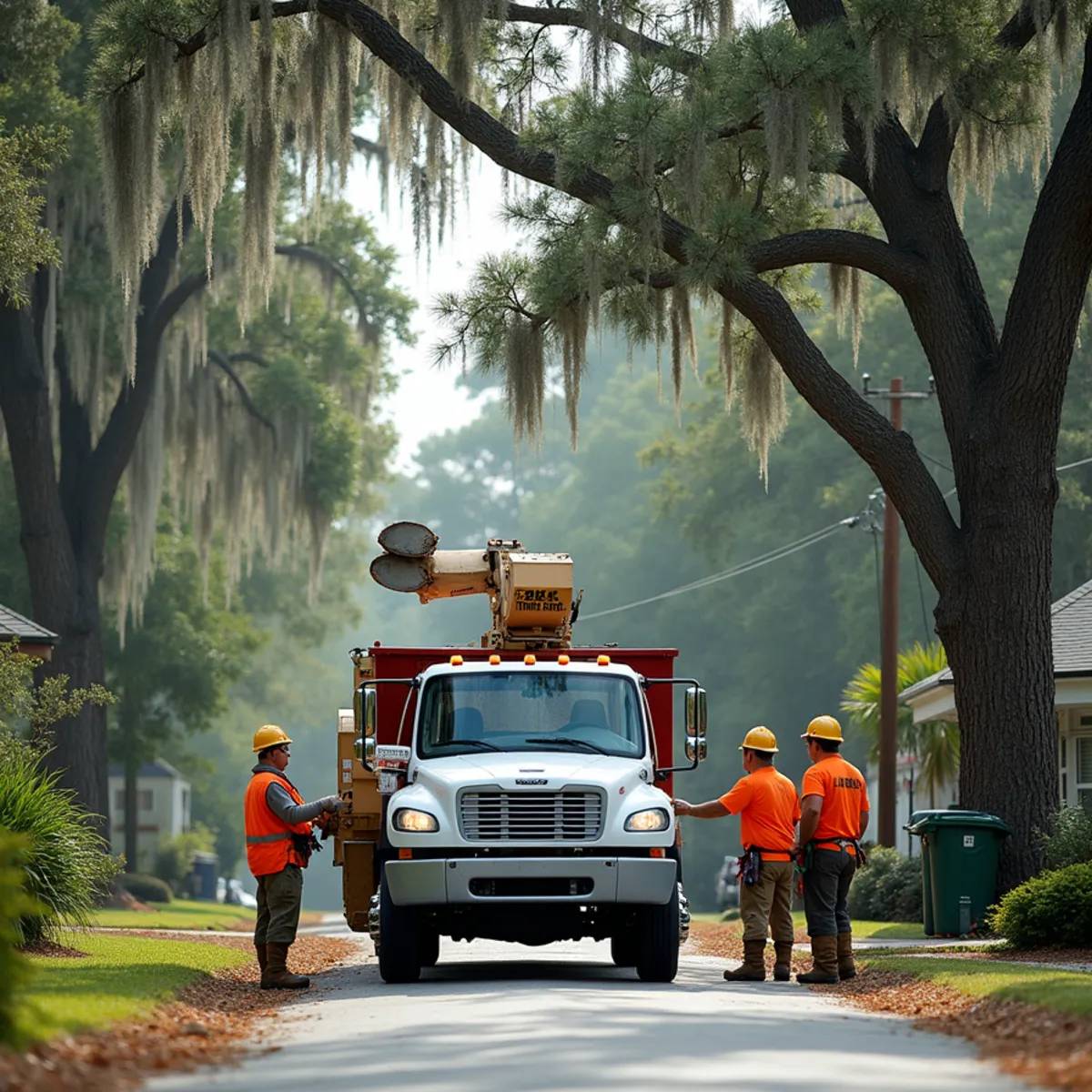 Tree service crew at work in Blackshear, Pierce County, GA near US-84