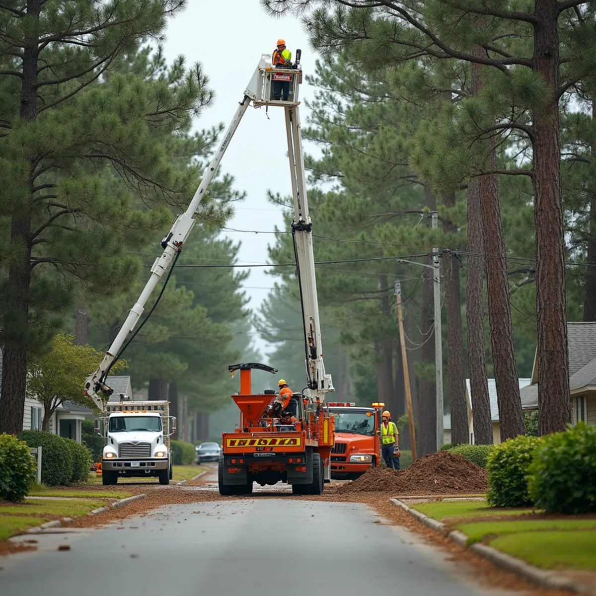 Tree service crew at work in Bloomingdale, Chatham County, GA near US-80