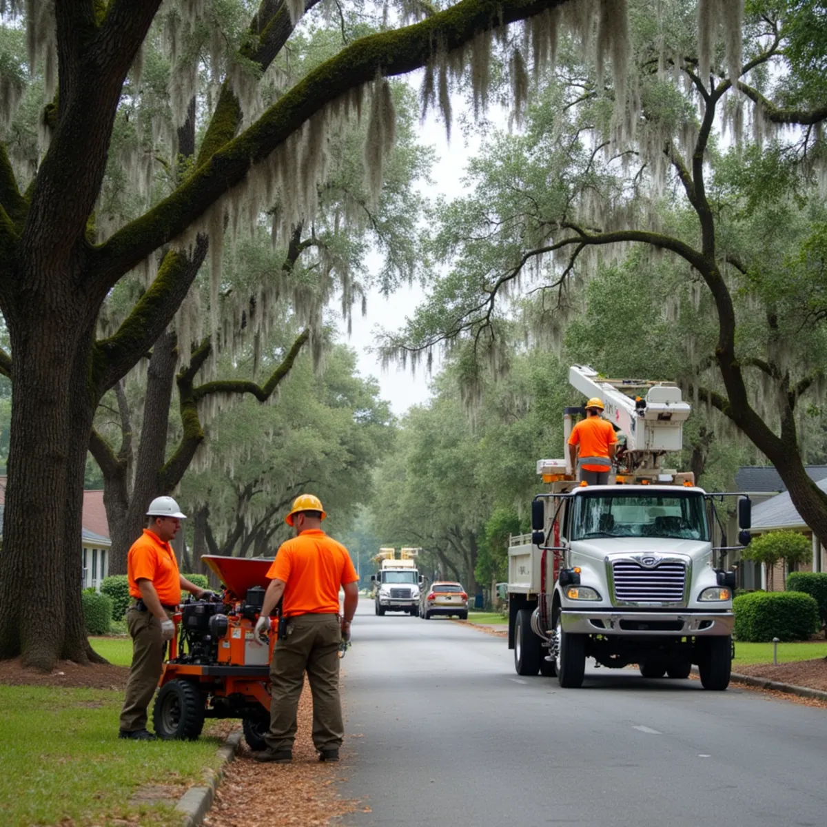 Tree service crew at work in Brunswick, Glynn County, GA near I-95