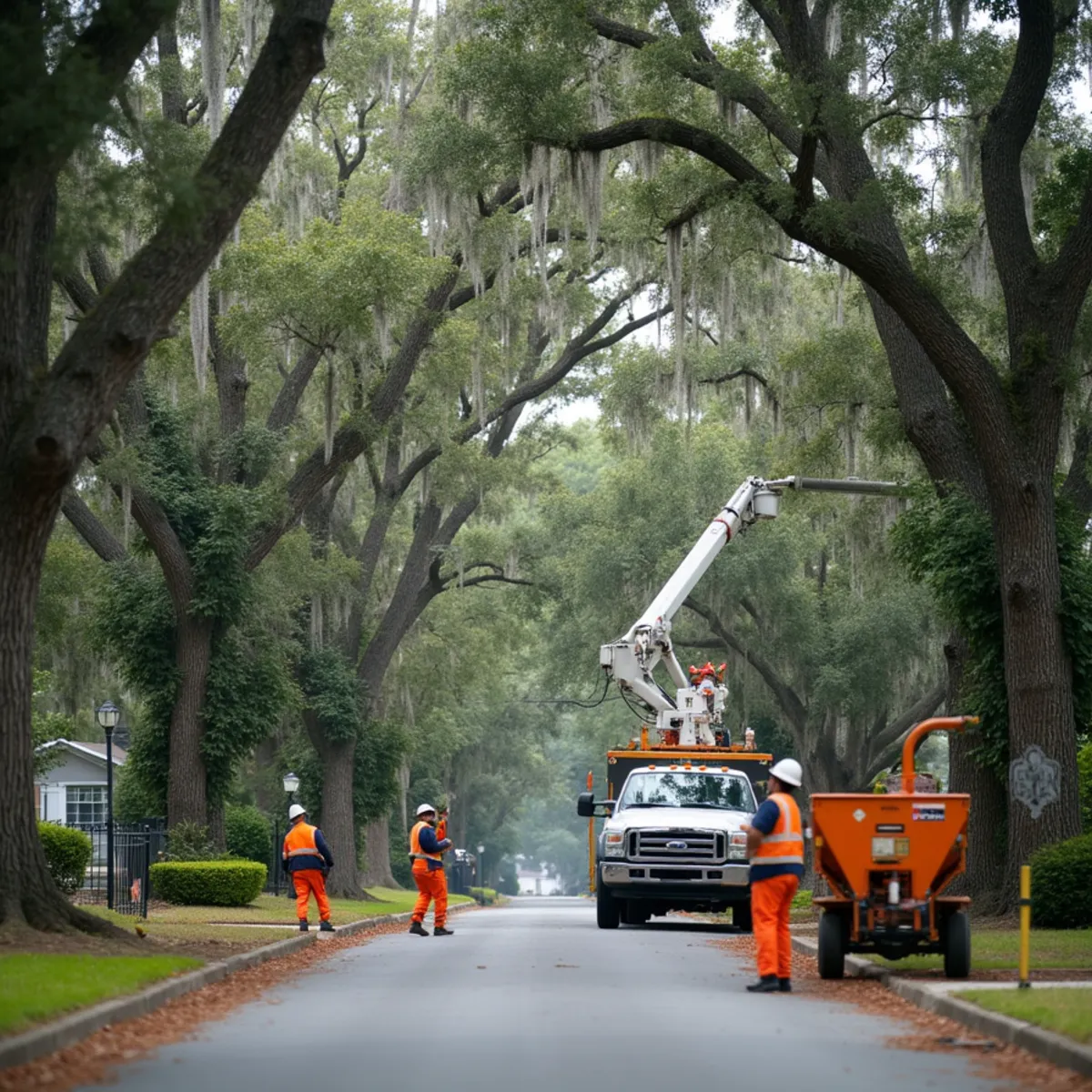 Tree service crew at work in Chatham County, Chatham County, GA near Savannah River