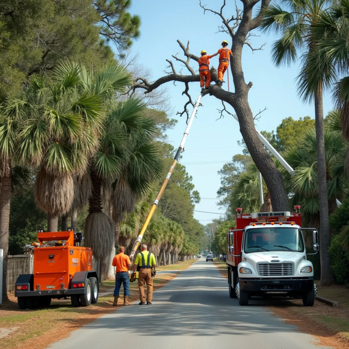 Tree service crew at work in Claxton, Evans County, GA near US-280