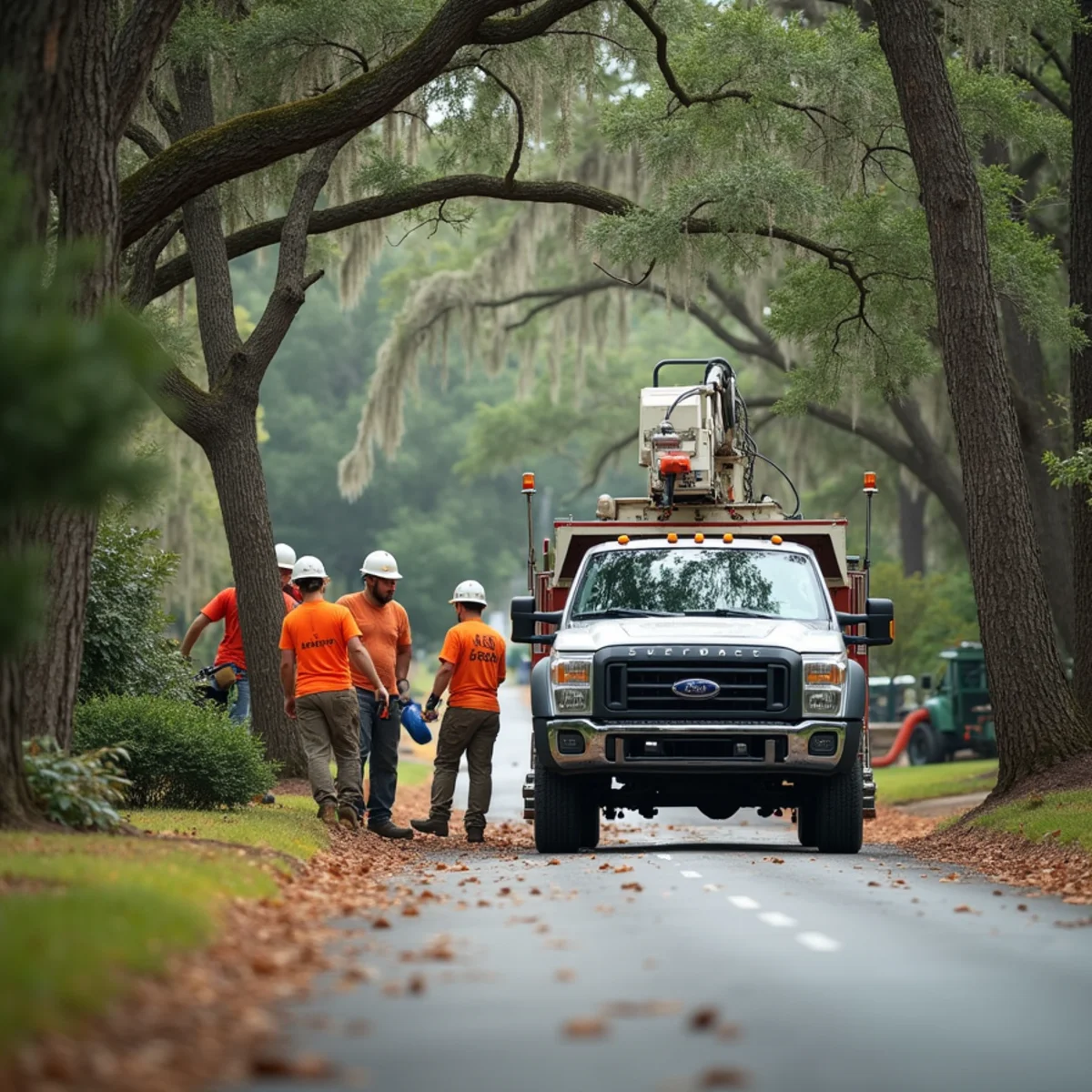Tree service crew at work in Darien, McIntosh County, GA near Altamaha River