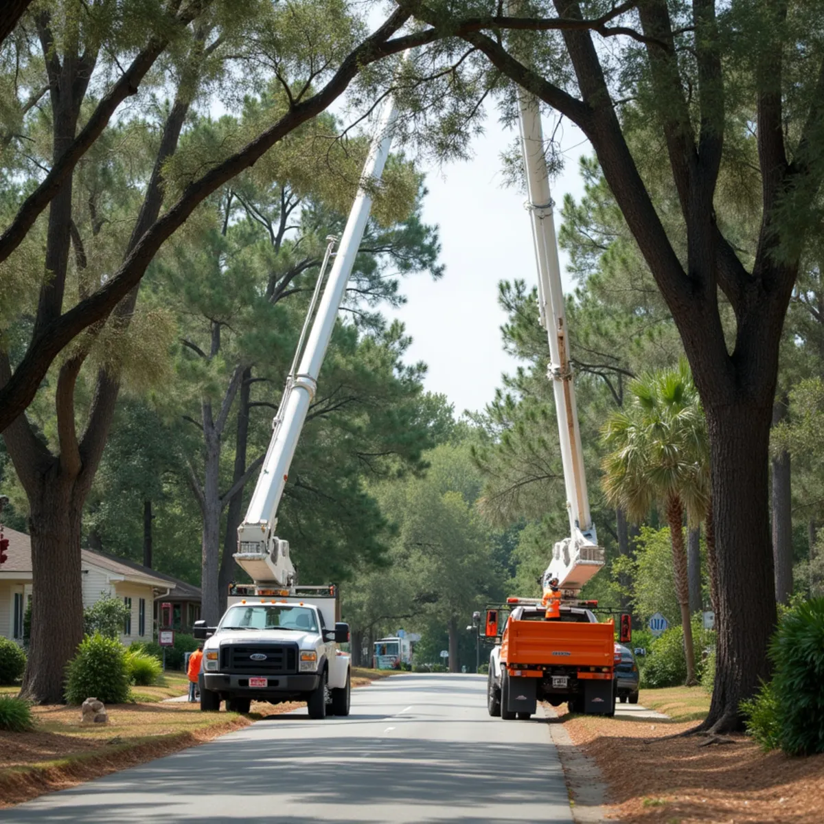 Tree service crew at work in Dublin, Laurens County, GA near I-16