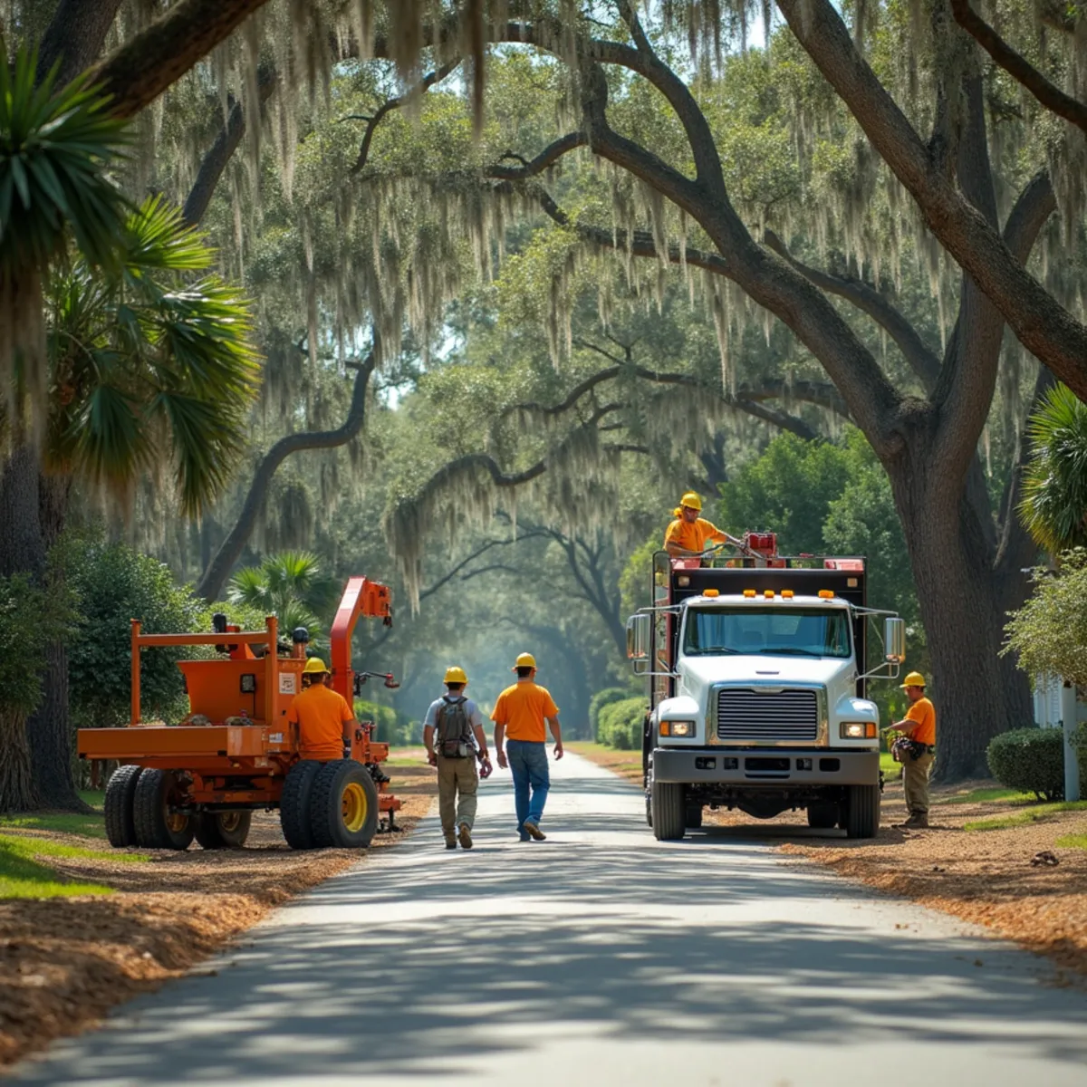 Tree service crew at work in Ellabell, Bryan County, GA near I-16