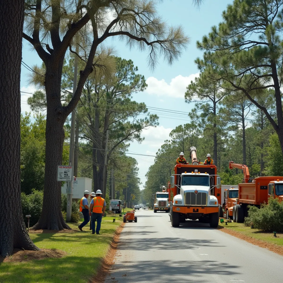 Tree service crew at work in Eulonia, McIntosh County, GA near US-17