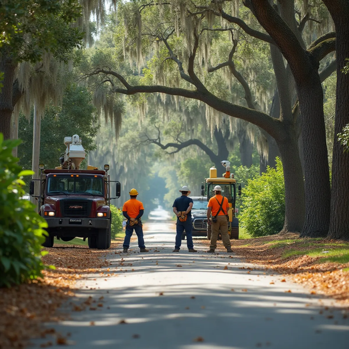Tree service crew at work in Flemington, Liberty County, GA near US-84