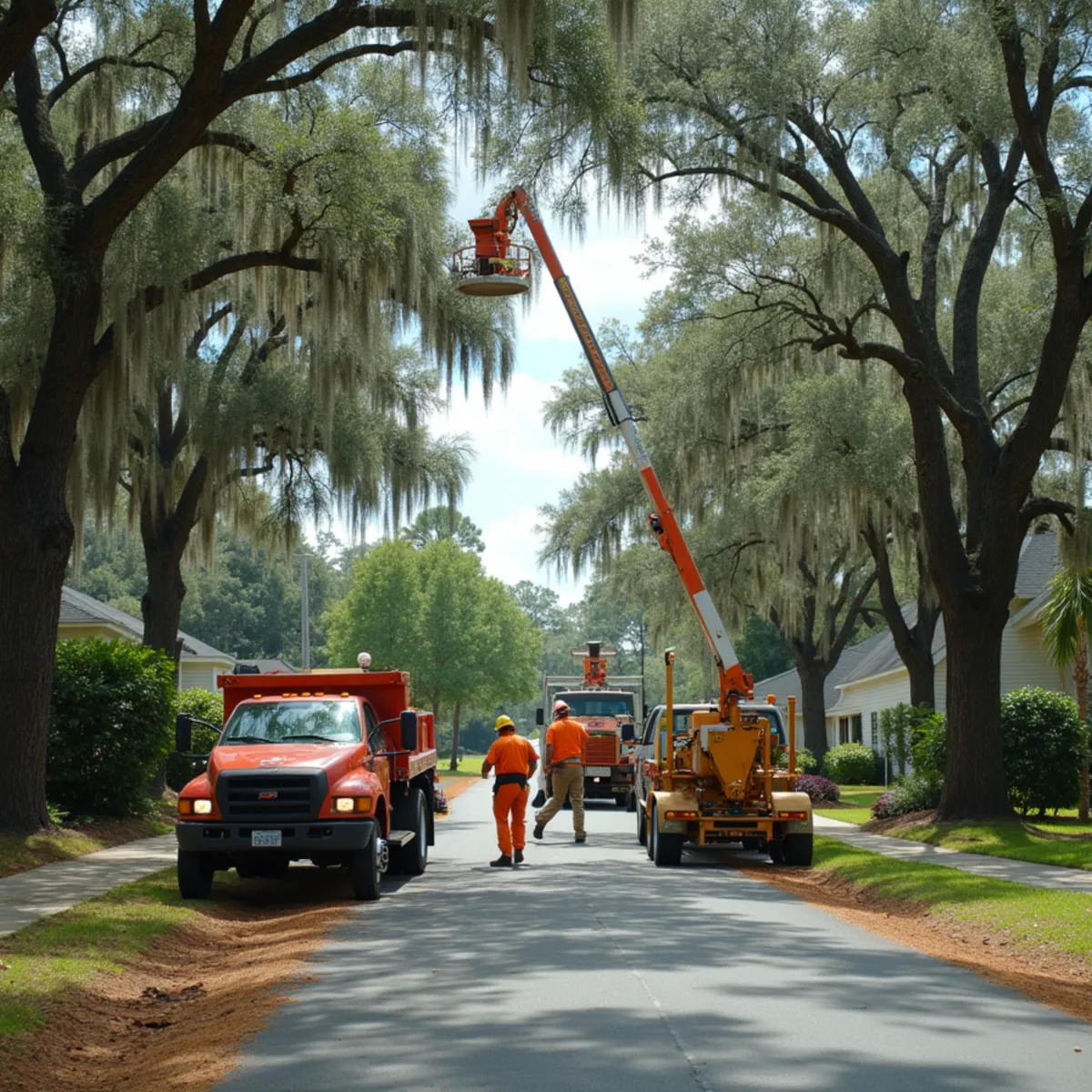 Tree service crew at work in Folkston, Charlton County, GA near US-1