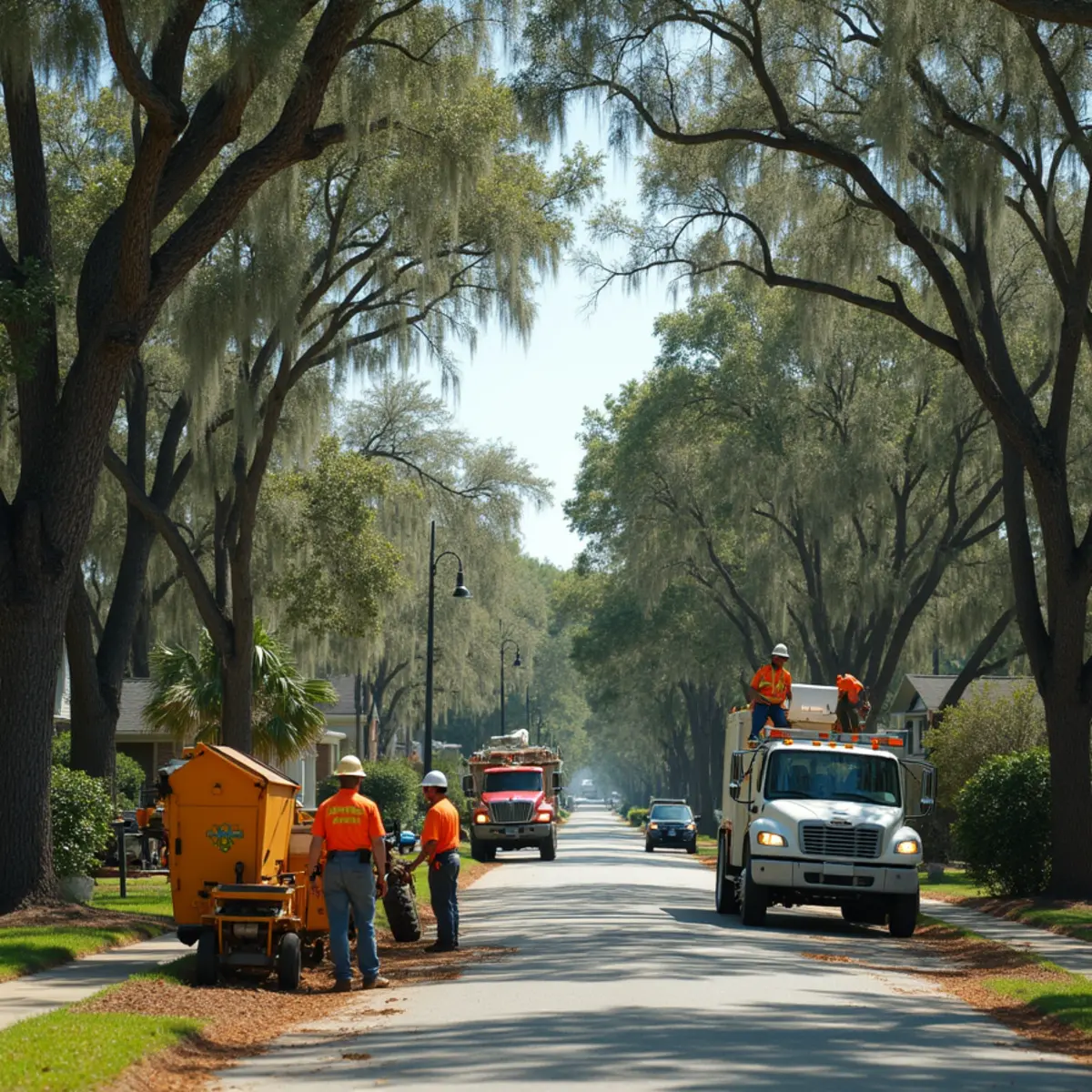 Tree service crew at work in Fort Stewart, Liberty County, GA near Canoochee River