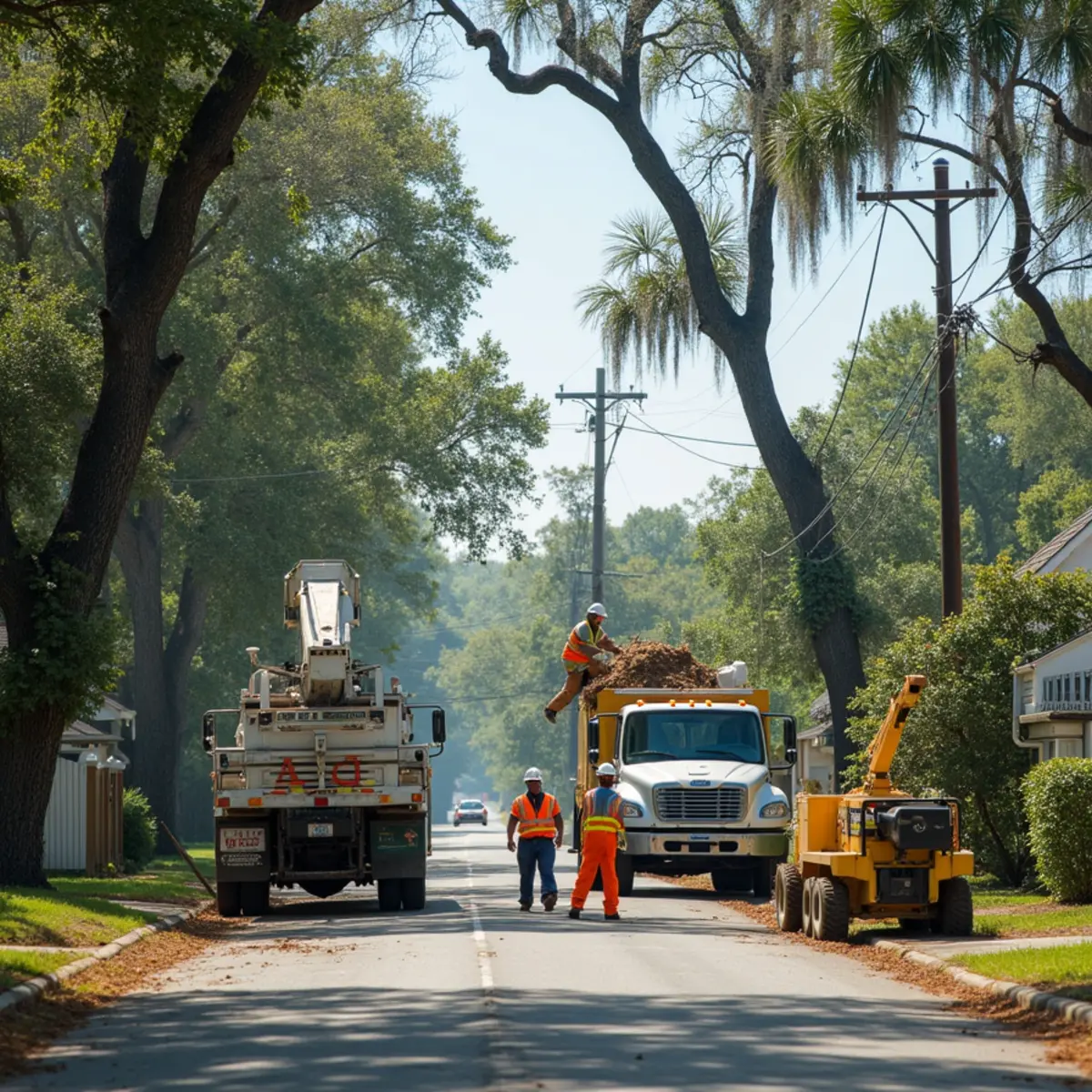 Tree service crew at work in Glennville, Tattnall County, GA near US-301