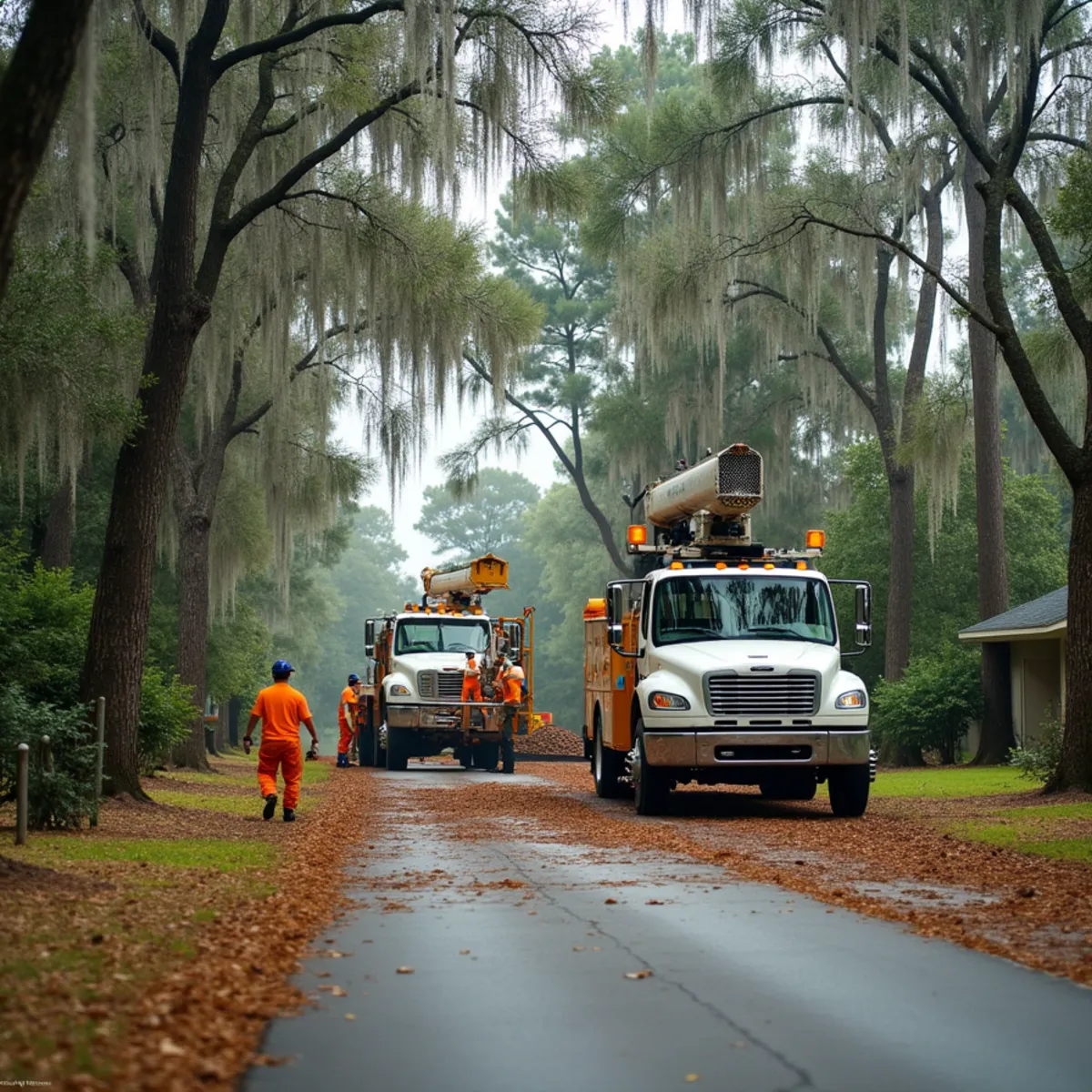 Tree service crew at work in Gum Branch, Liberty County, GA near GA-119