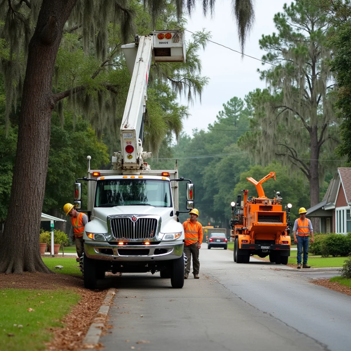 Tree service crew at work in Hazlehurst, Jeff Davis County, GA near US-341