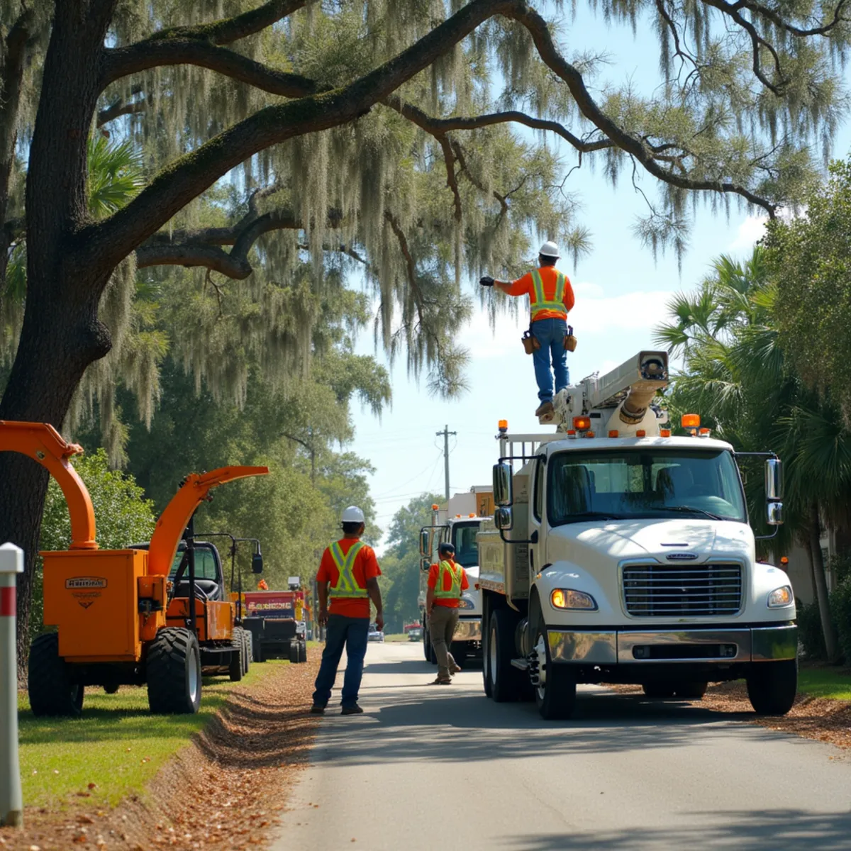 Tree service crew at work in Hinesville, Liberty County, GA near US-84