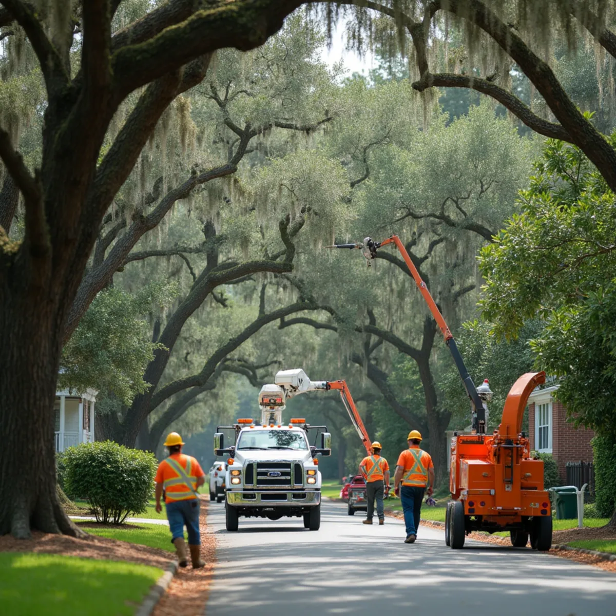 Tree service crew at work in Isle of Hope, Chatham County, GA near Skidaway River