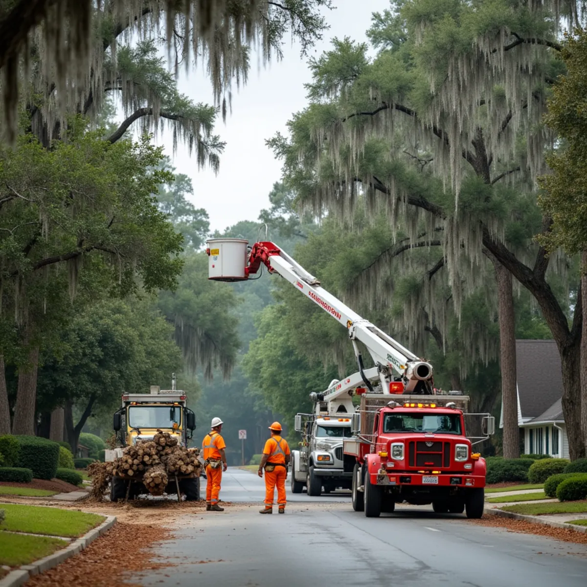Tree service crew at work in Jesup, Wayne County, GA near US-301