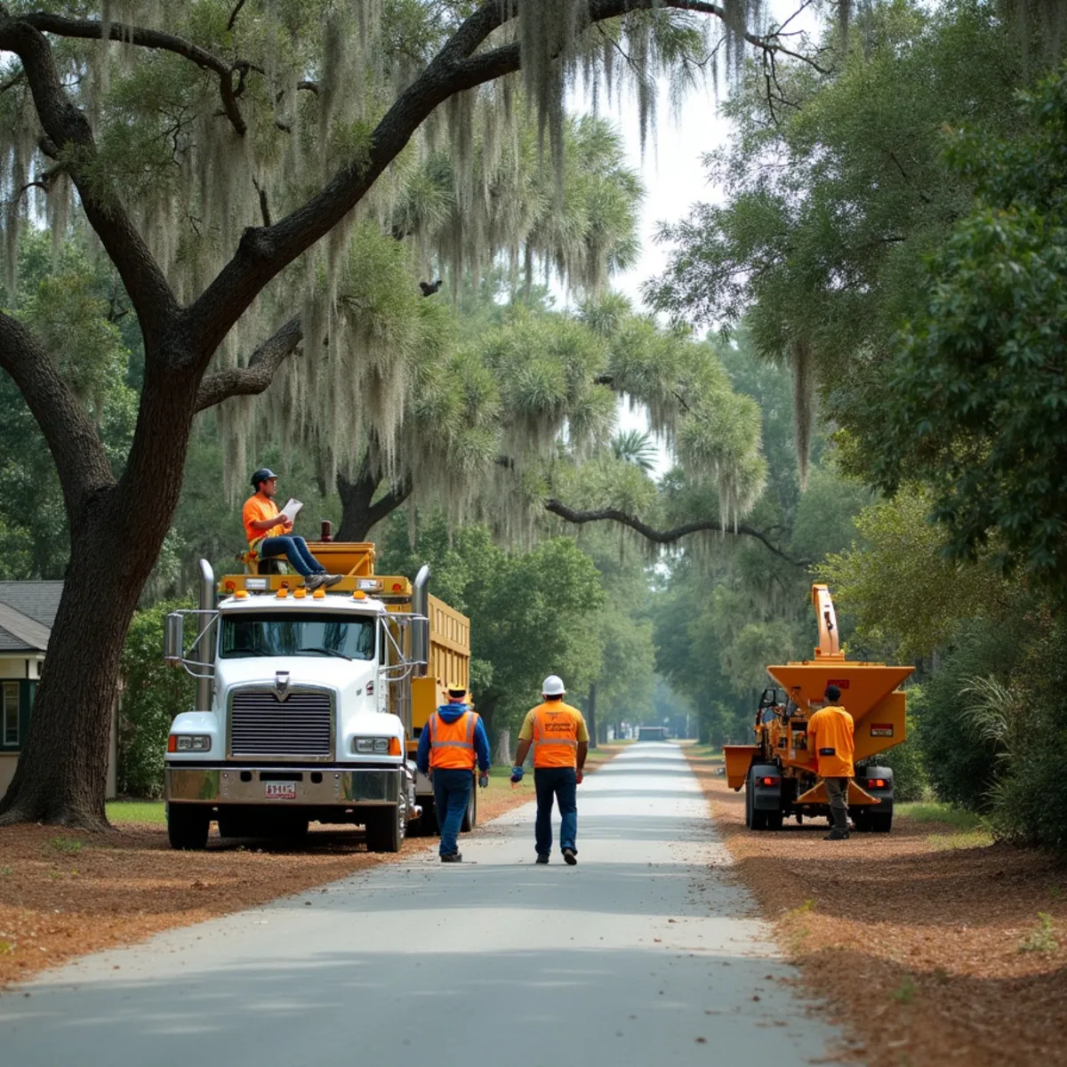 Tree service crew at work in Kingsland, Camden County, GA near I-95