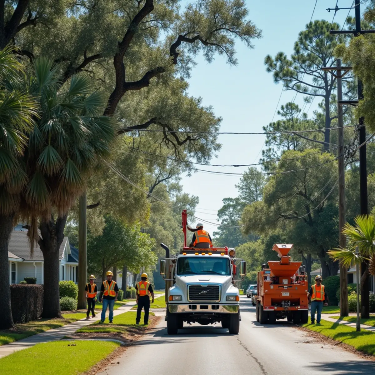 Tree service crew at work in Ludowici, Long County, GA near US-301