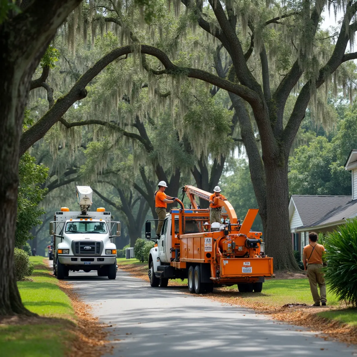 Tree service crew at work in Lyons, Toombs County, GA near US-1