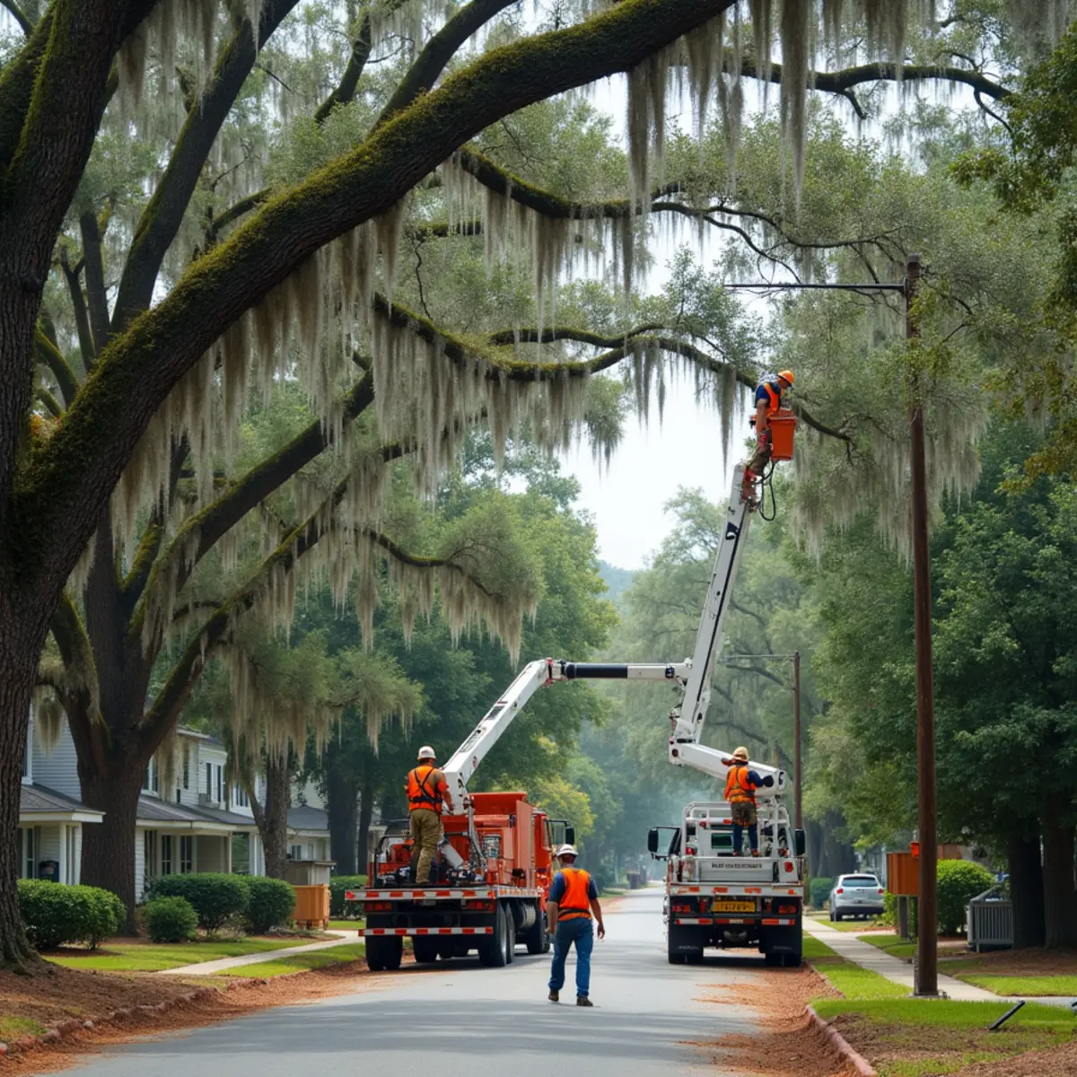 Tree service crew at work in Metter, Candler County, GA near I-16