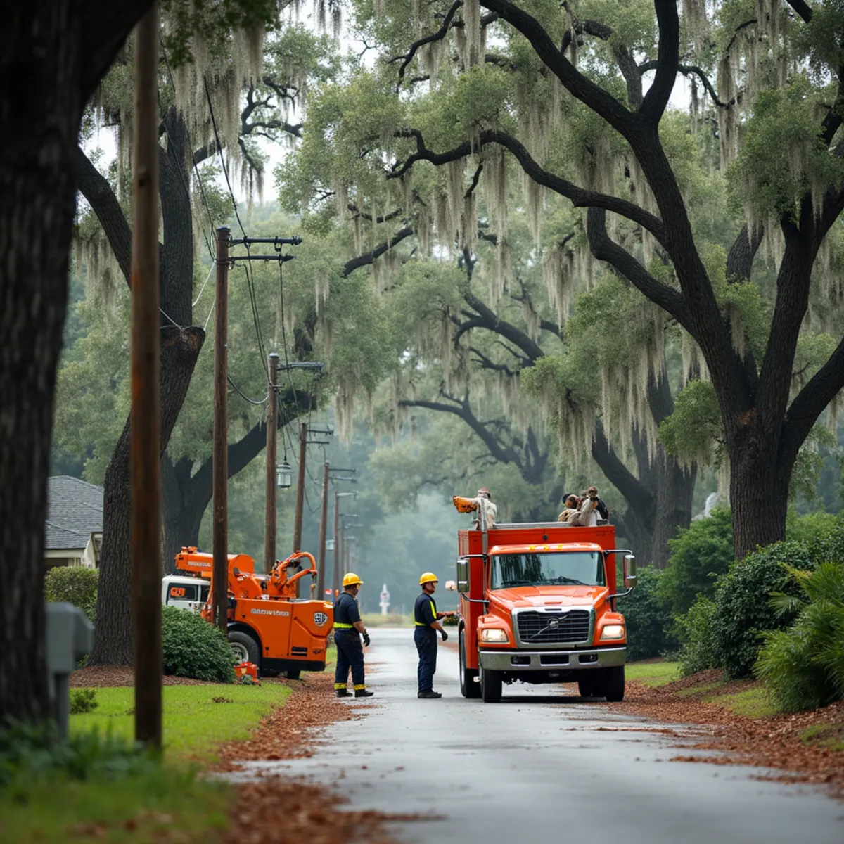 Tree service crew at work in Midway, Liberty County, GA near Midway Congregational Church