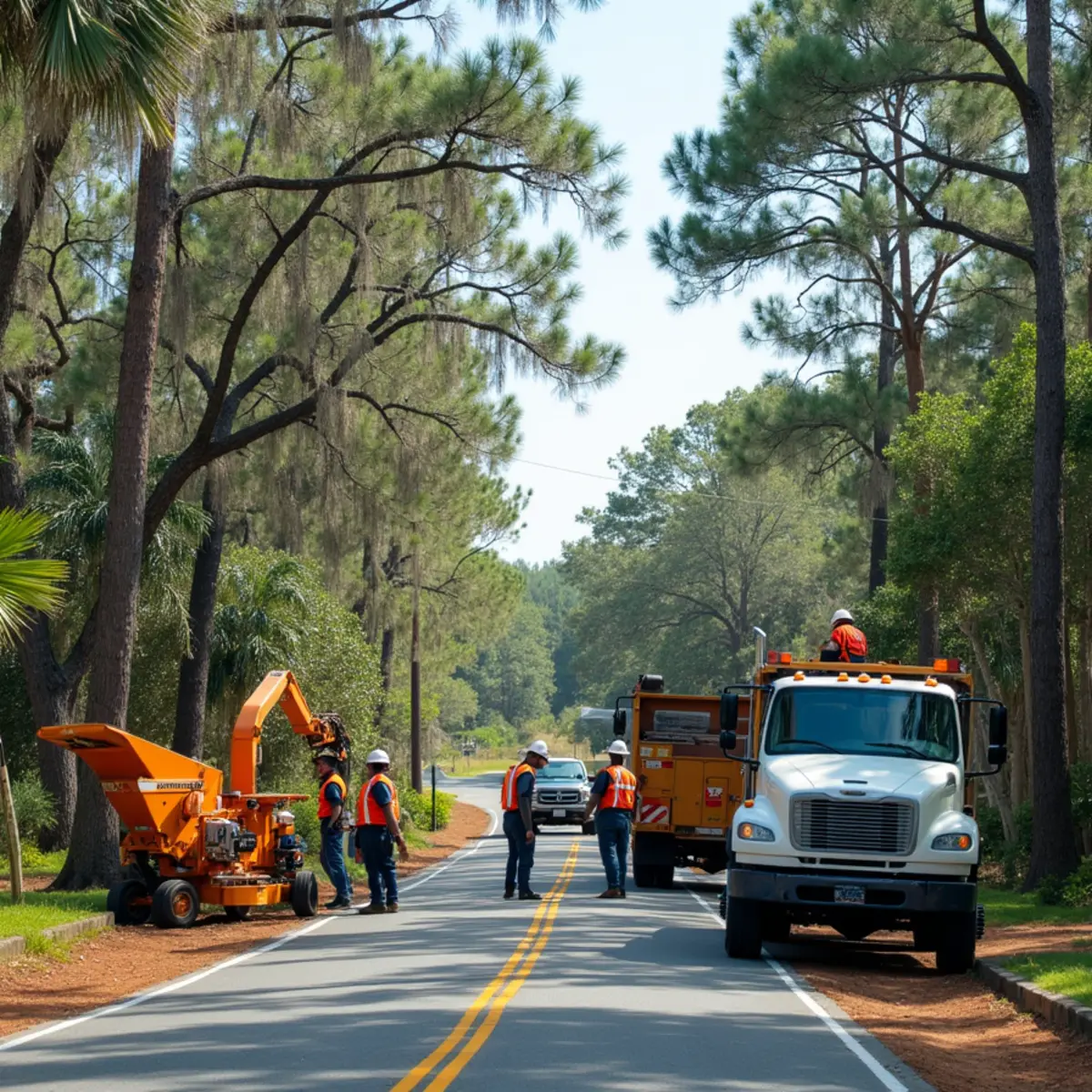 Tree service crew at work in Nahunta, Brantley County, GA near US-82