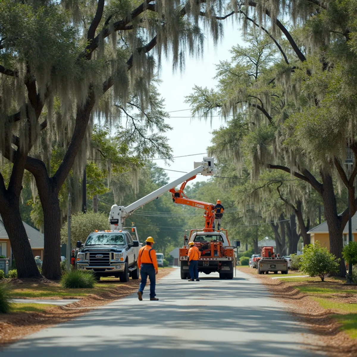 Tree service crew at work in Odum, Wayne County, GA near US-341