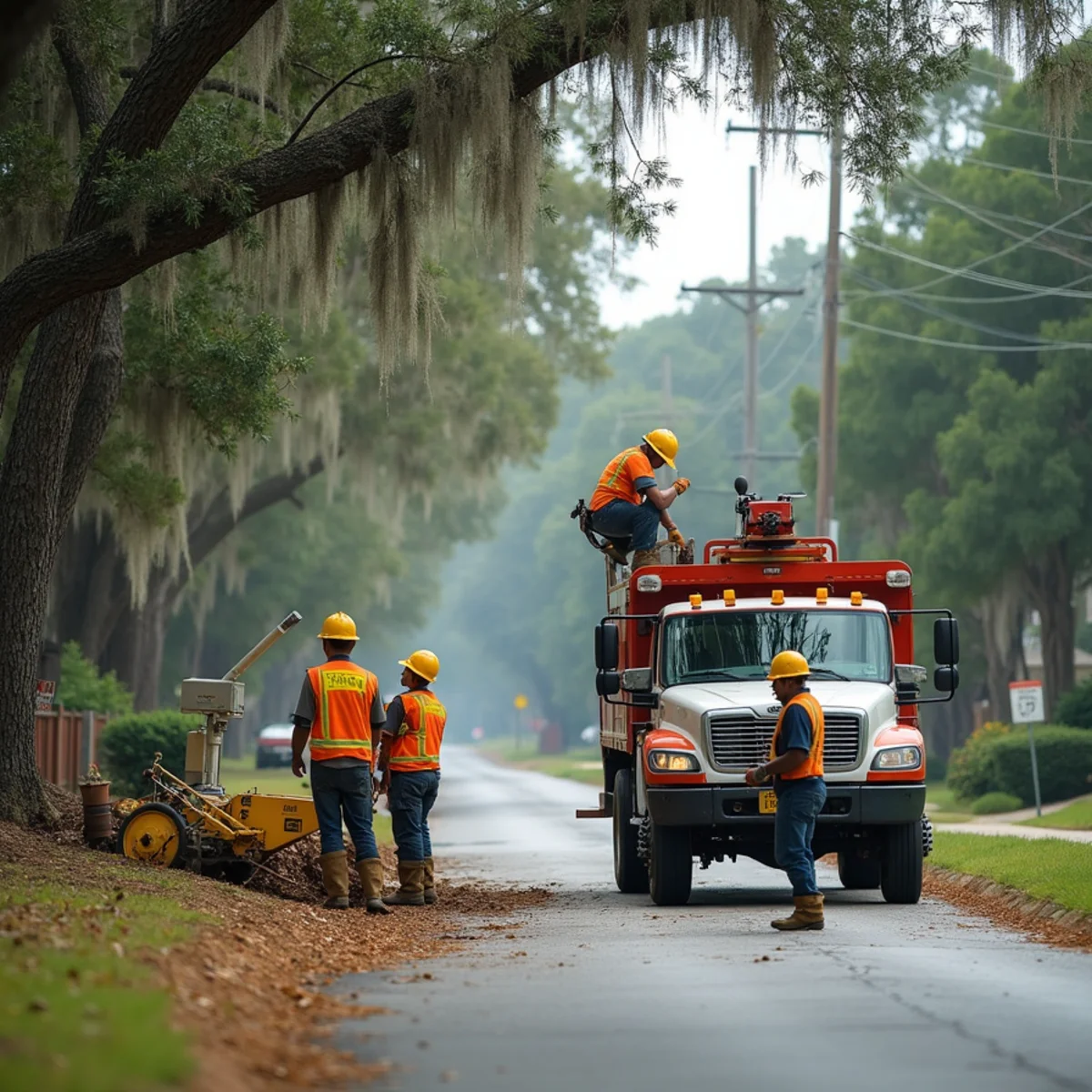 Tree service crew at work in Pooler, Chatham County, GA near Interstate 16