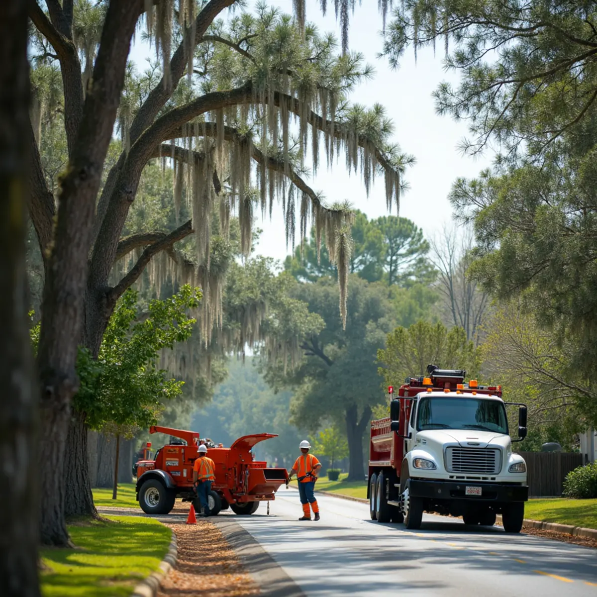 Tree service crew at work in Port Wentworth, Chatham County, GA near Savannah River