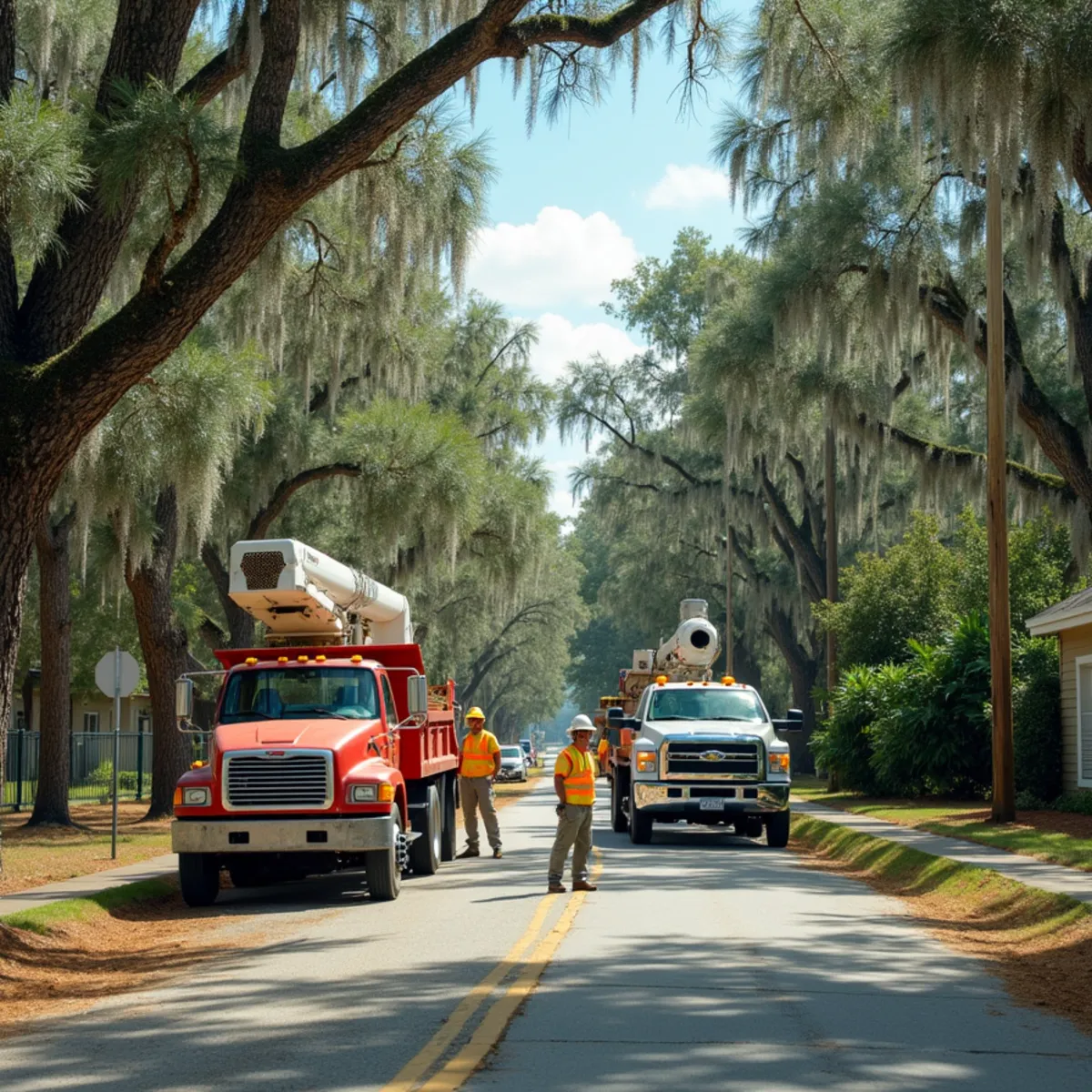 Tree service crew at work in Riceboro, Liberty County, GA near US-17