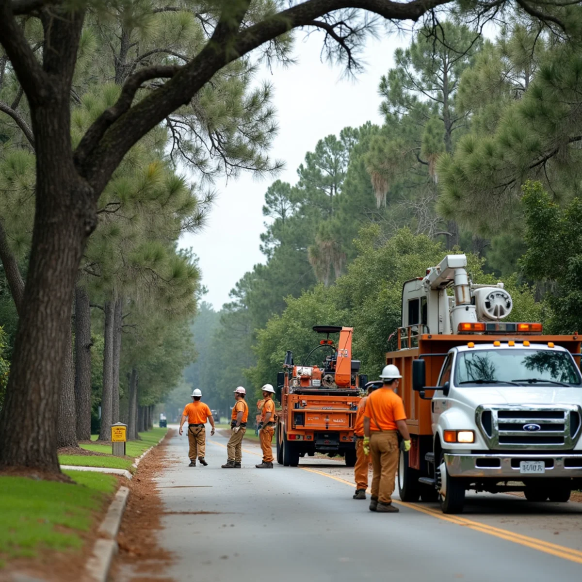 Tree service crew at work in Richmond Hill, Bryan County, GA near Interstate 95