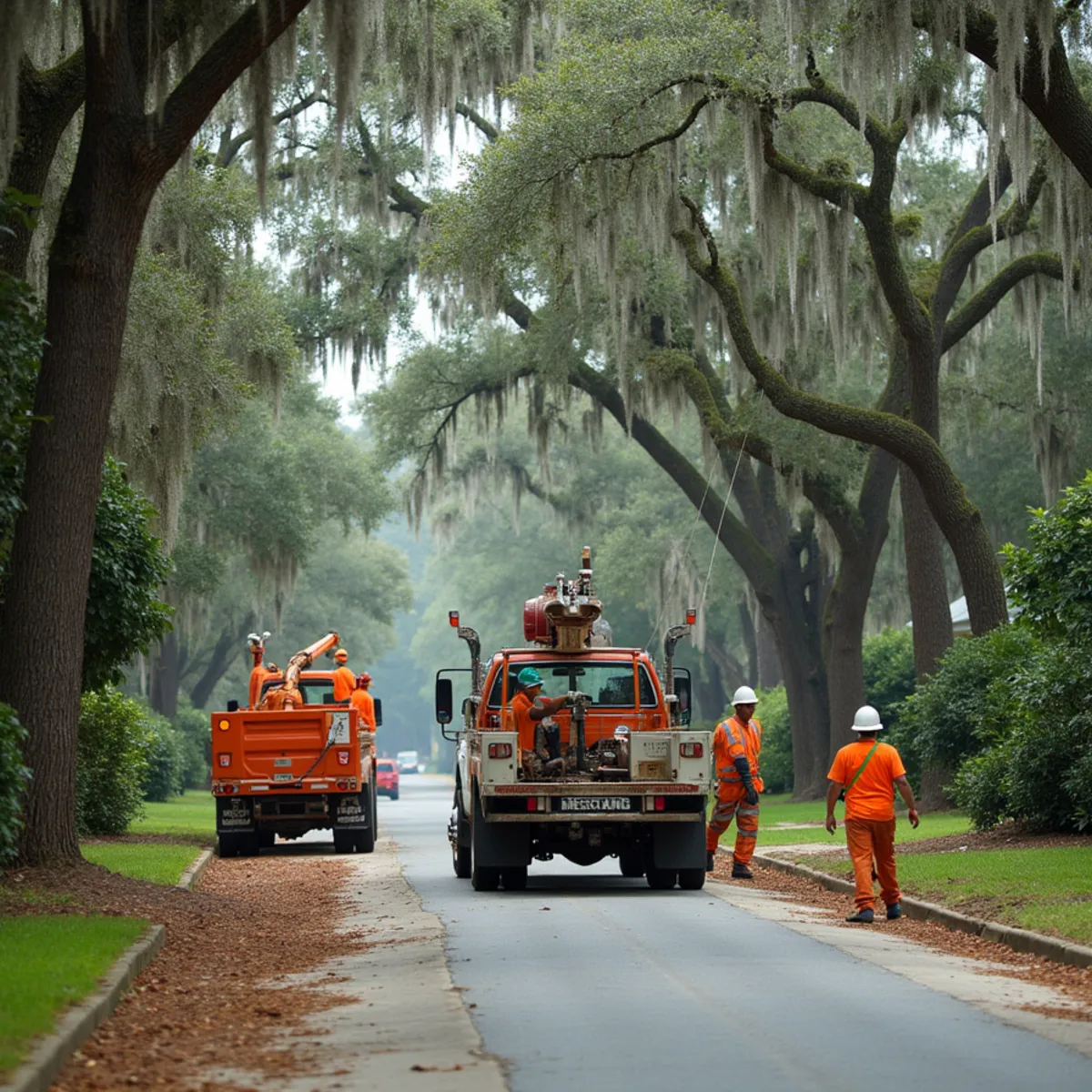 Tree service crew at work in Skidaway Island, Chatham County, GA near Diamond Causeway
