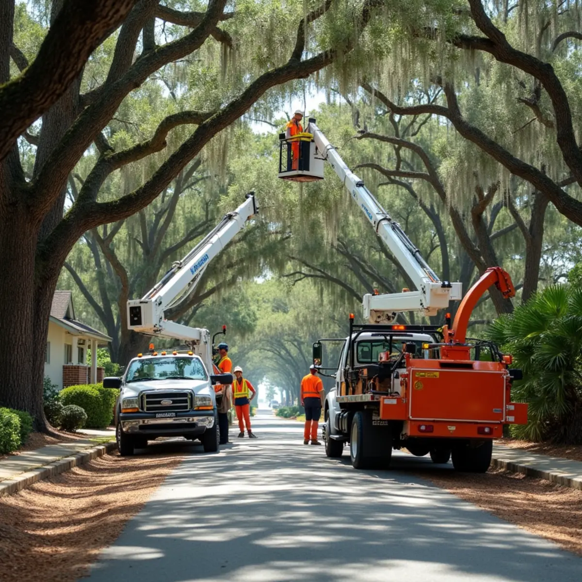 Tree service crew at work in St. Marys, Camden County, GA near GA-40