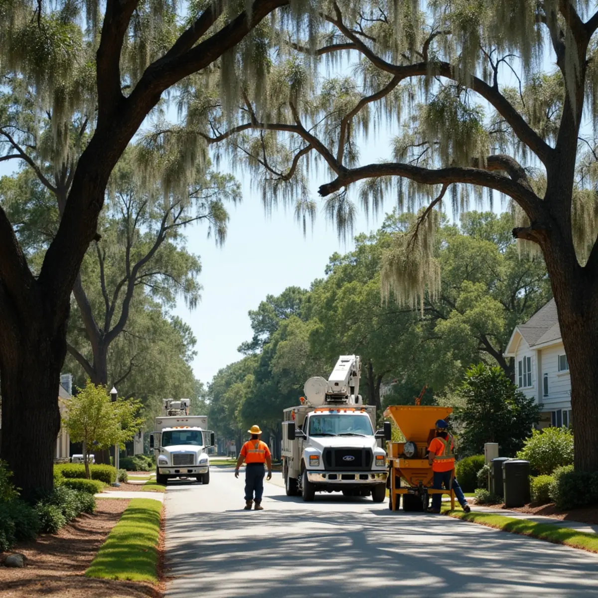 Tree service crew at work in St. Simons Island, Glynn County, GA near Frederica Road
