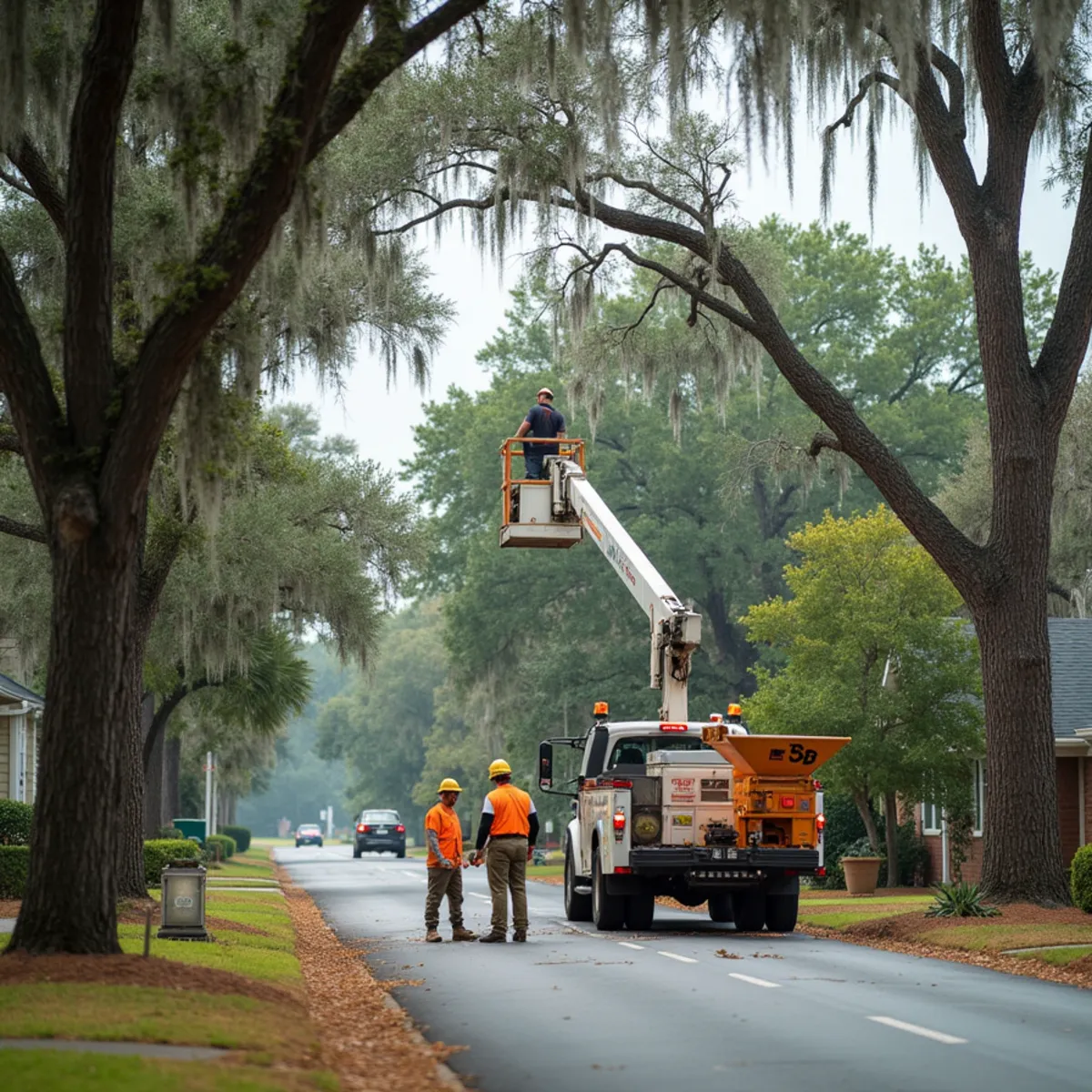 Tree service crew at work in Statesboro, Bulloch County, GA near US-301