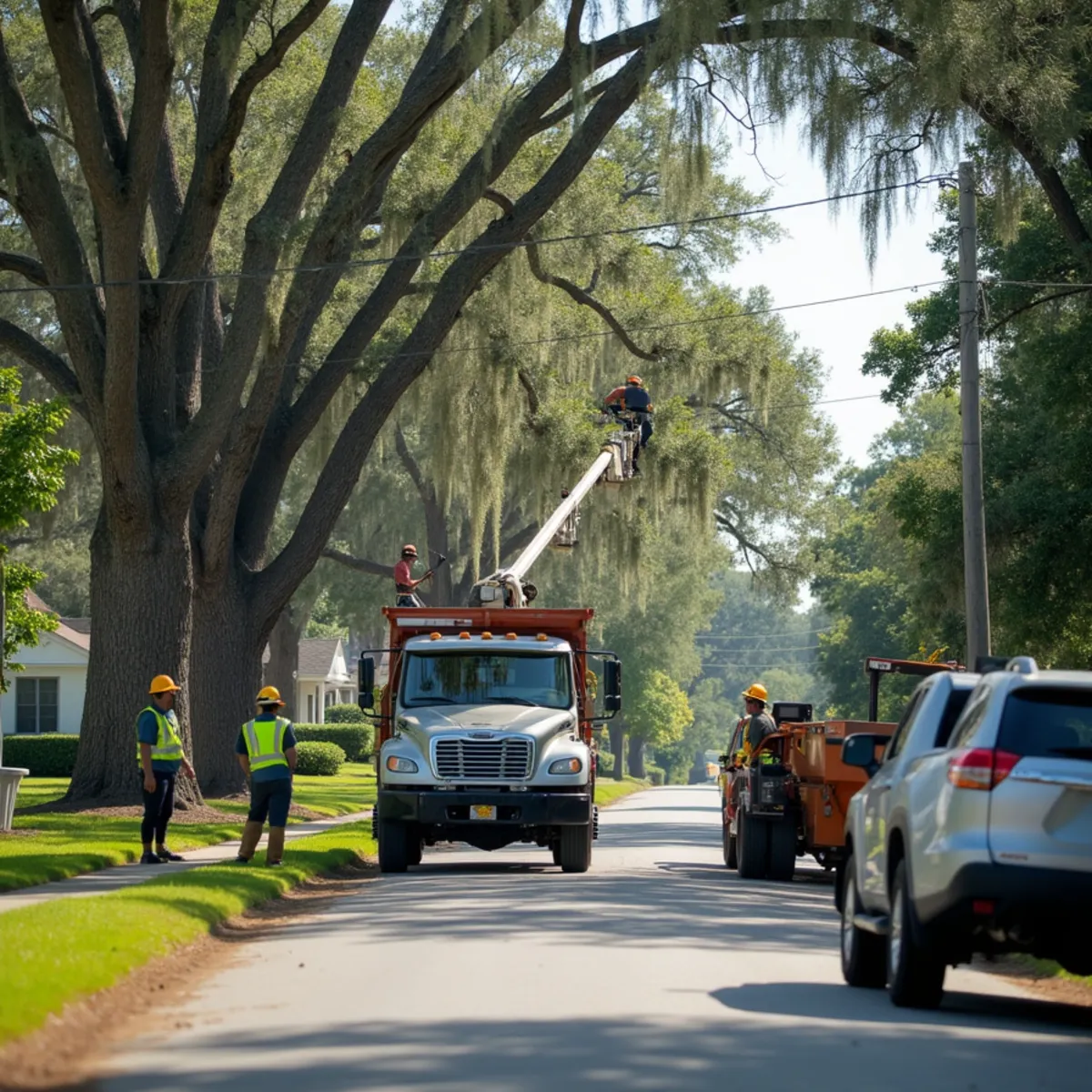 Tree service crew at work in Sylvania, Screven County, GA near US-301