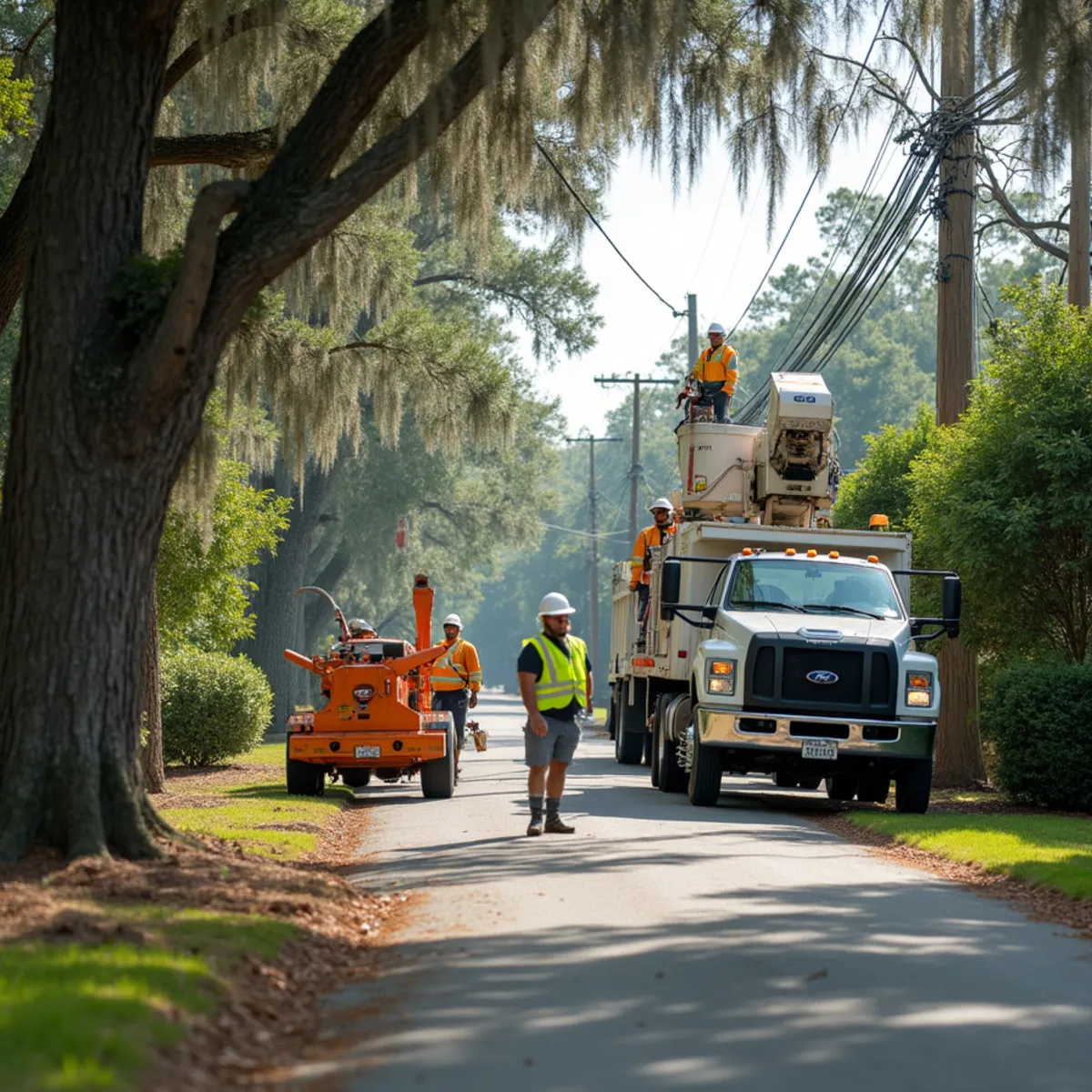 Tree service crew at work in Thunderbolt, Chatham County, GA near Wilmington River