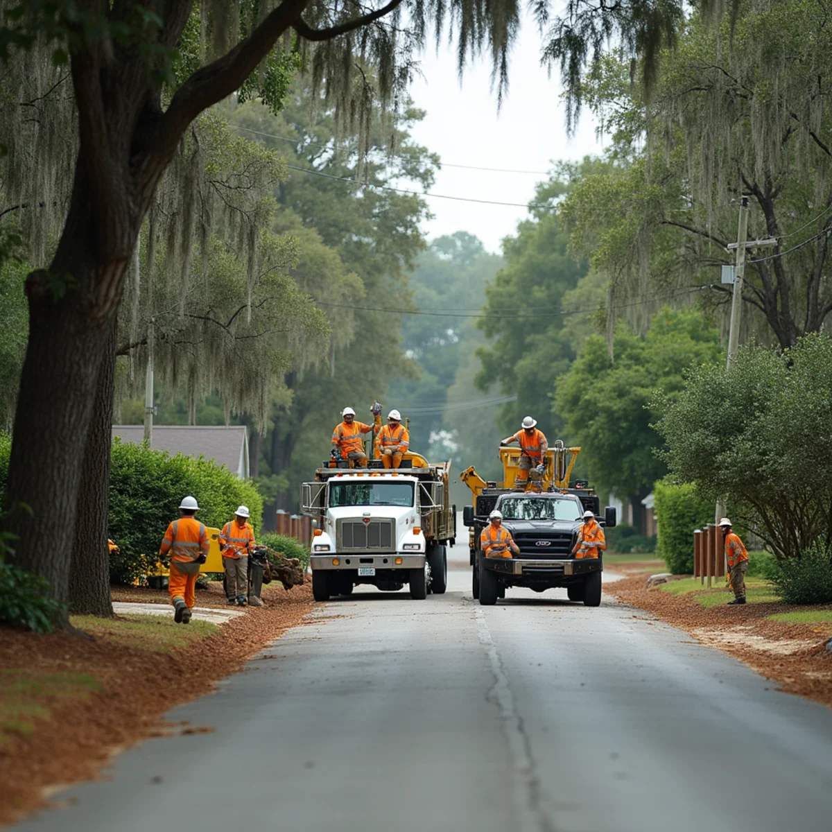 Tree service crew at work in Townsend, McIntosh County, GA near US-17