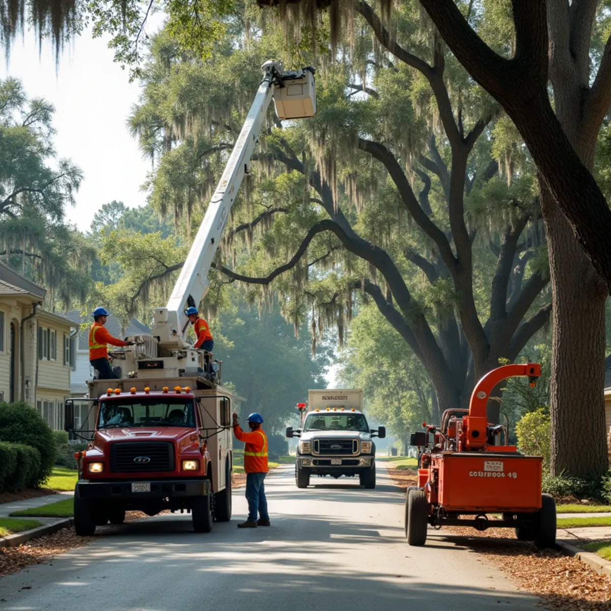 Tree service crew at work in Vernonburg, Chatham County, GA near Vernon River