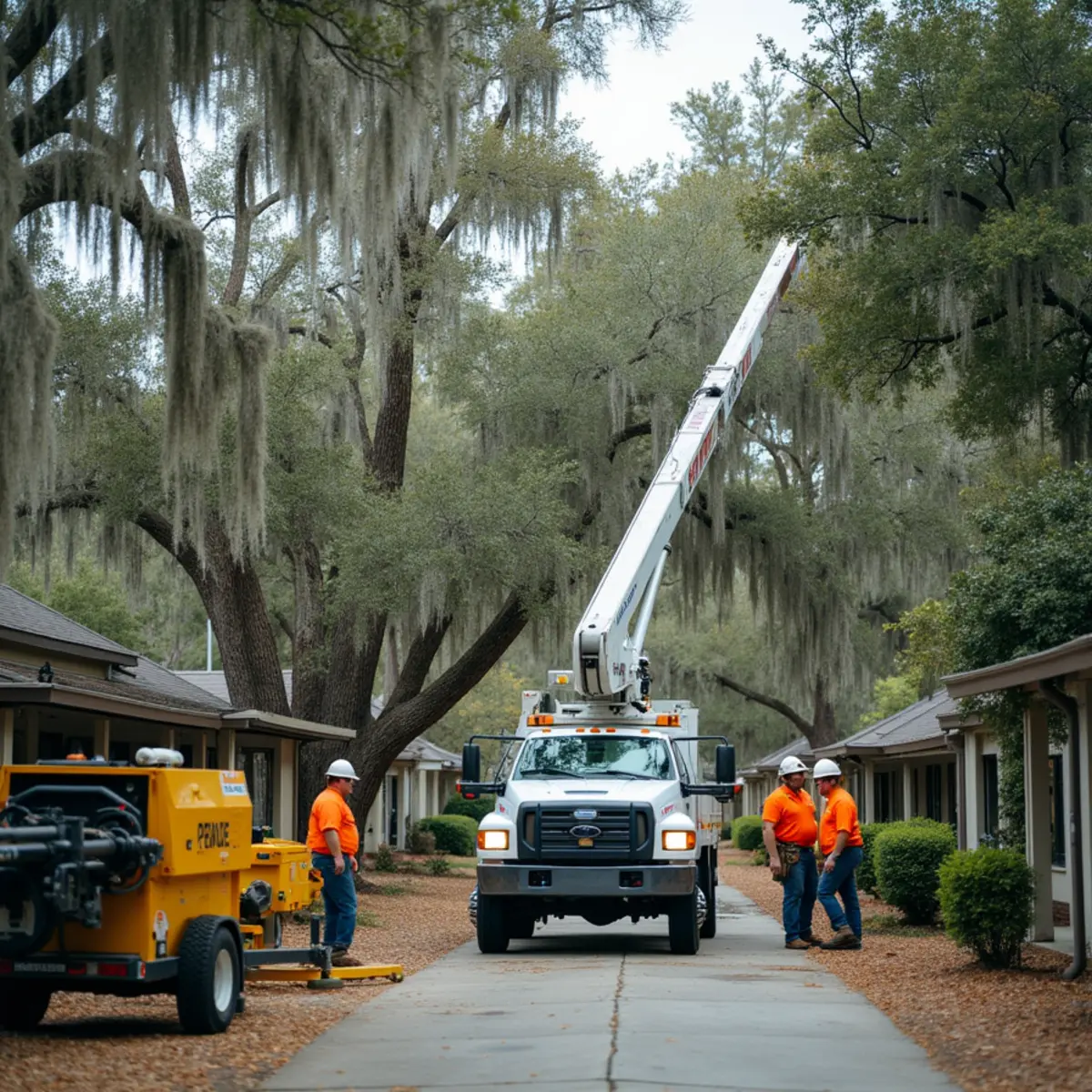 Tree service crew at work in Walthourville, Liberty County, GA near US-84