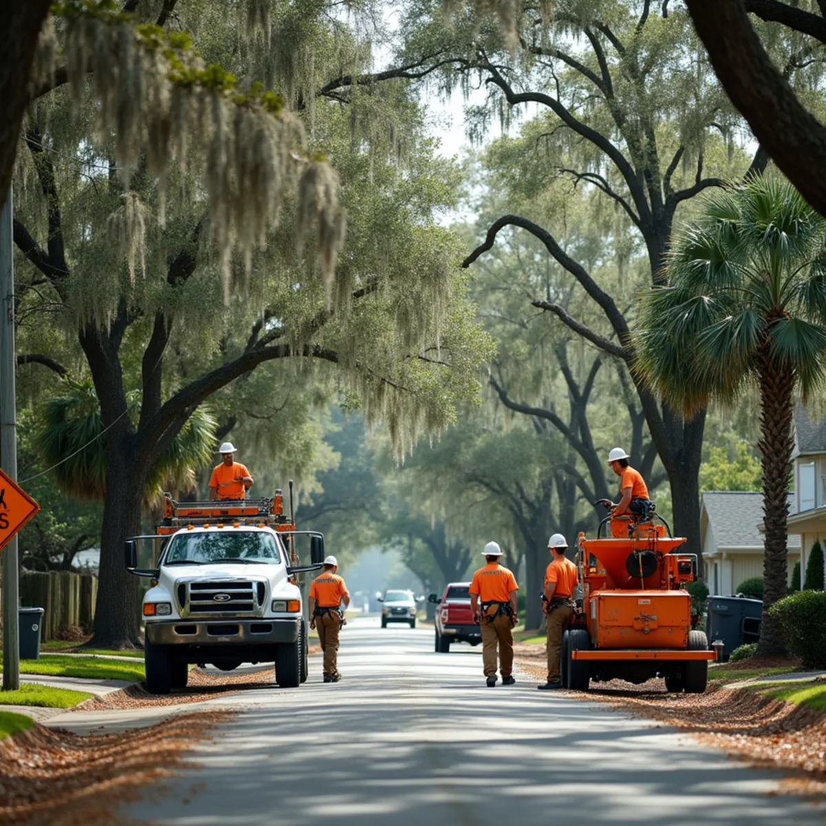 Tree service crew at work in Waycross, Ware County, GA near US-1