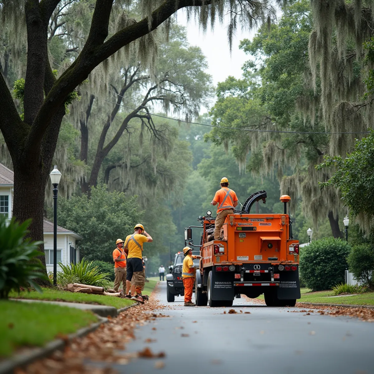 Tree service crew at work in Waynesboro, Burke County, GA near US-25
