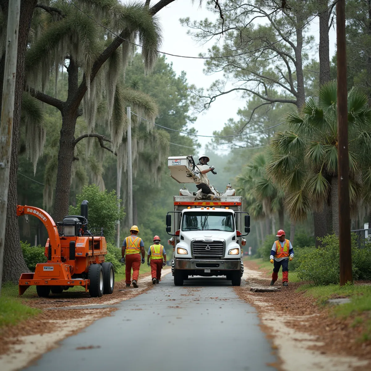 Tree service crew at work in Whitemarsh Island, Chatham County, GA near US-80
